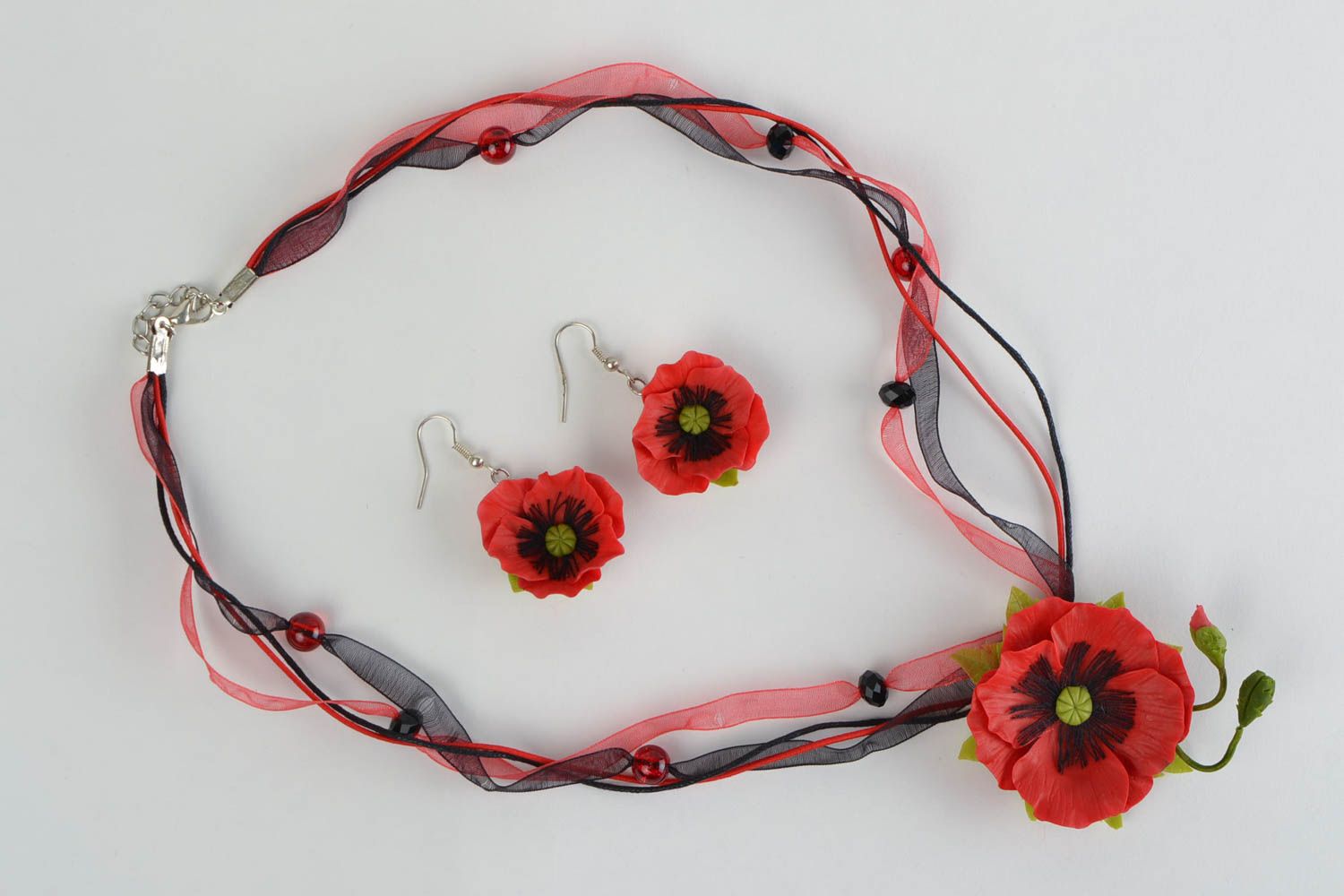 Set of handmade jewelry made of cold porcelain Poppy earrings and necklace photo 2