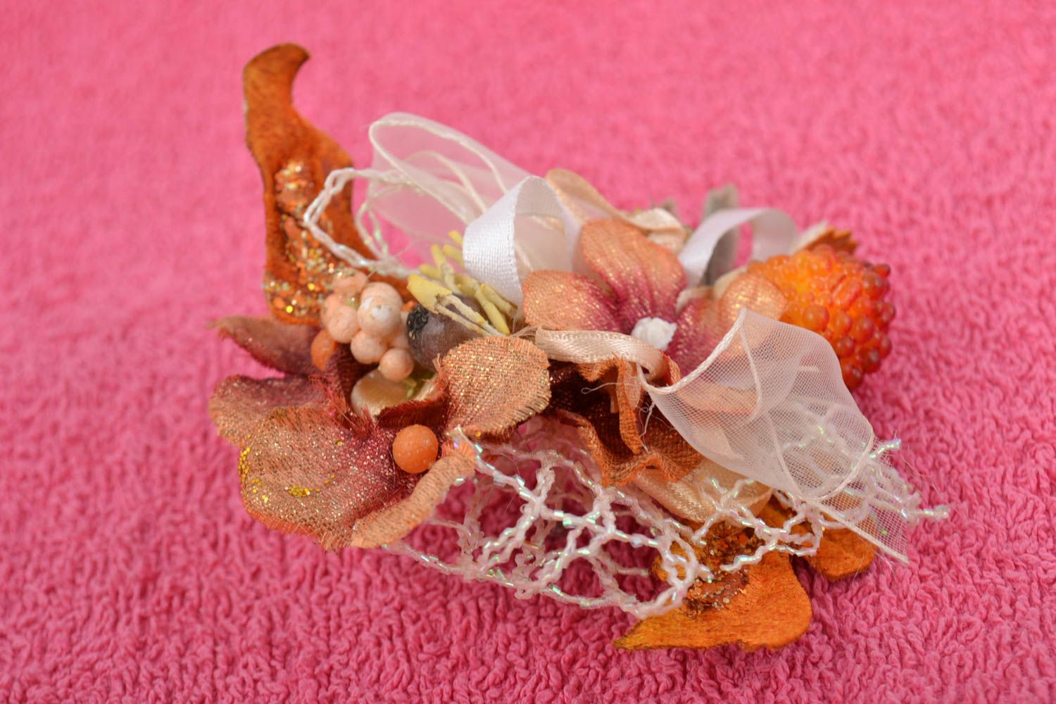 Fleur pour bijoux orange artificielle faite main originale jolie volumineuse photo 1