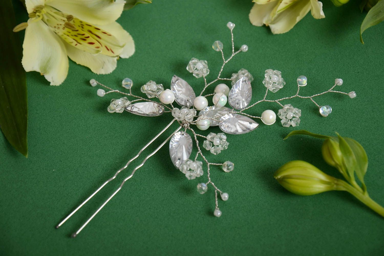 Unusual festive handmade metal hairpin with flowers and beads photo 1