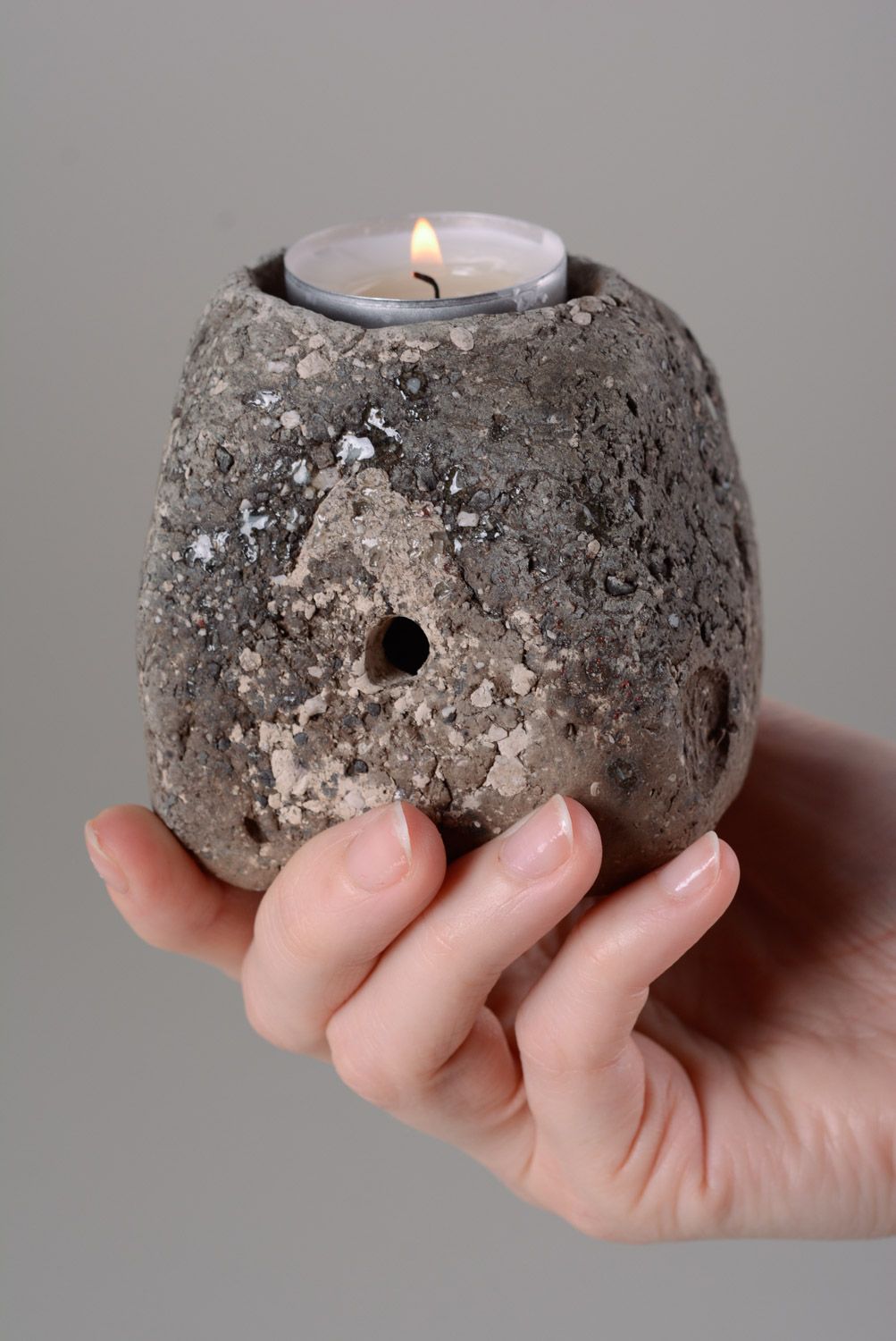 Unusual small handmade clay candle holder in the shape of stone photo 4