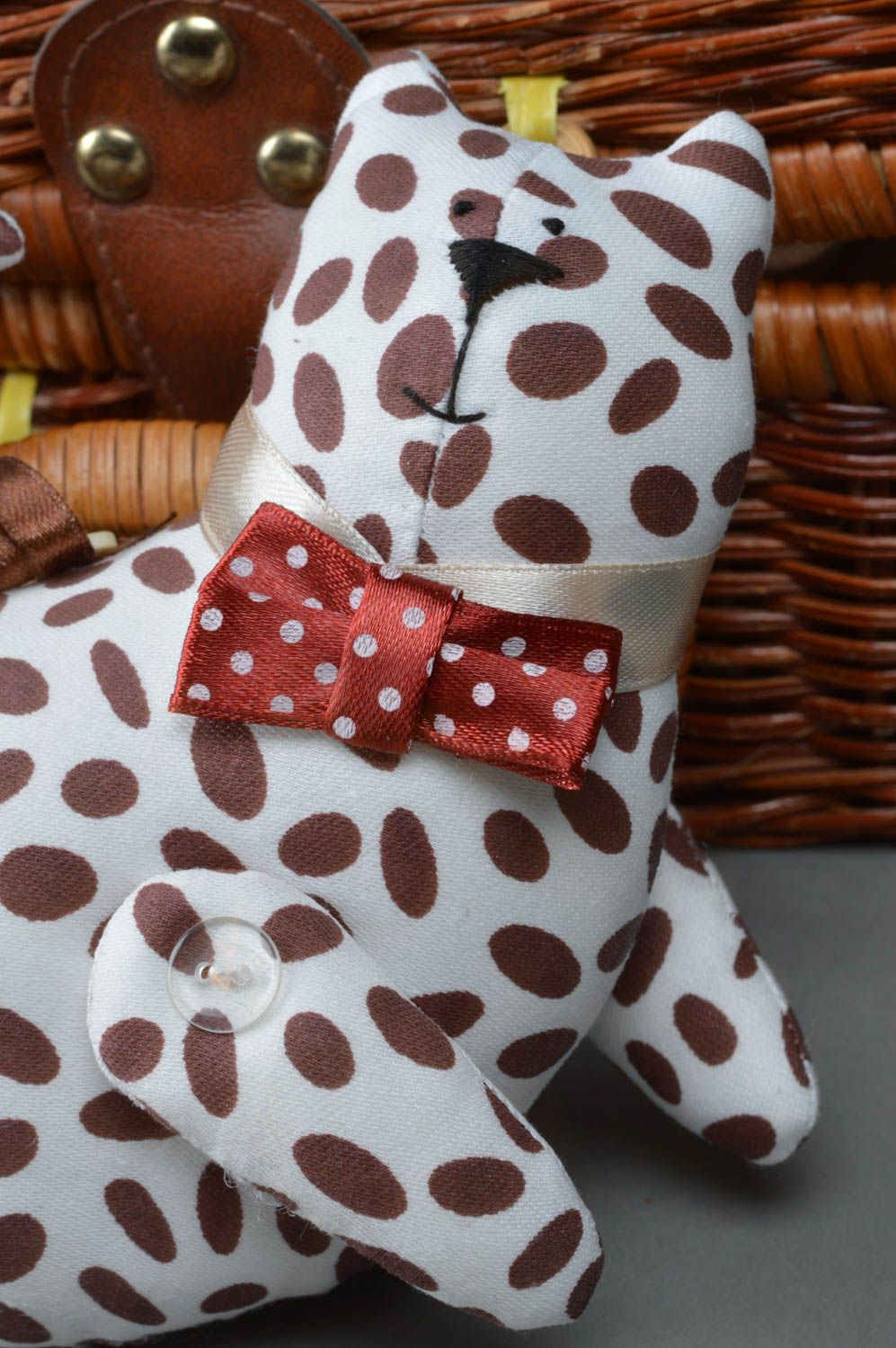 Handmade cotton fabric soft toy flying white and brown dotted cat with bow tie photo 4