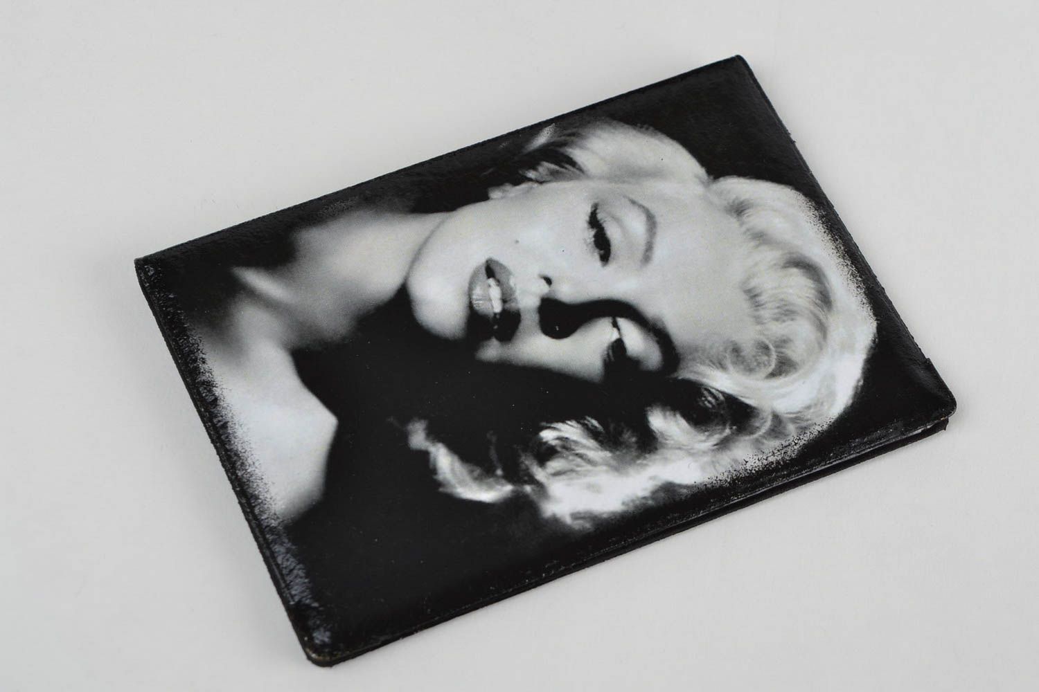 Handmade stylish faux leather passport cover with decoupage black and white photo 4