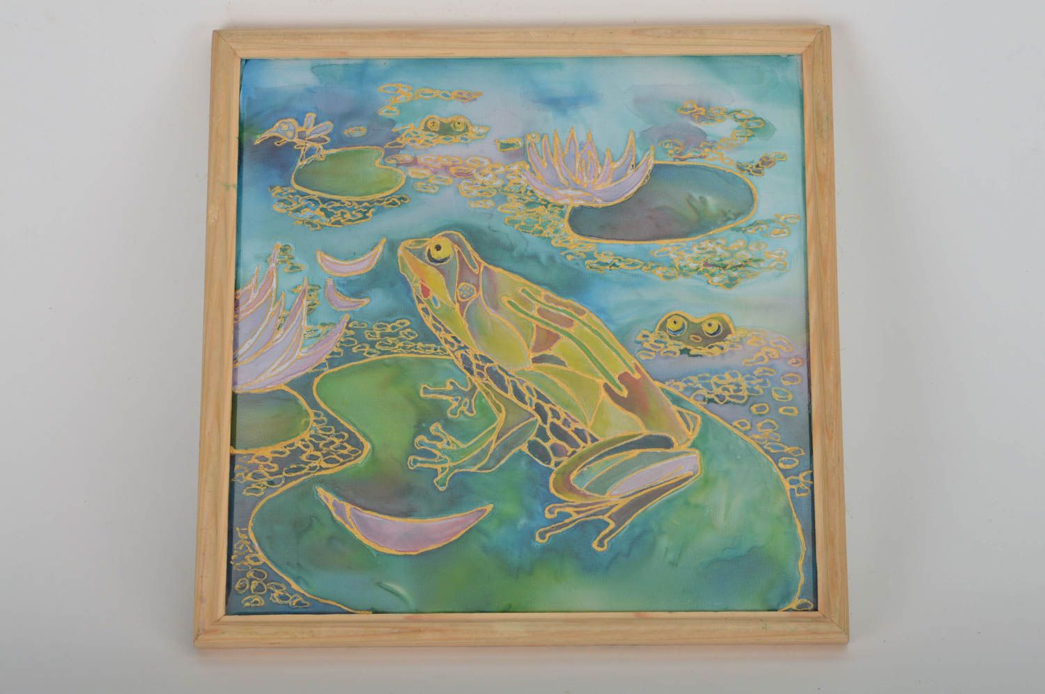 Handmade cold batik painting on fabric in frame Frog on Bog designer picture photo 5