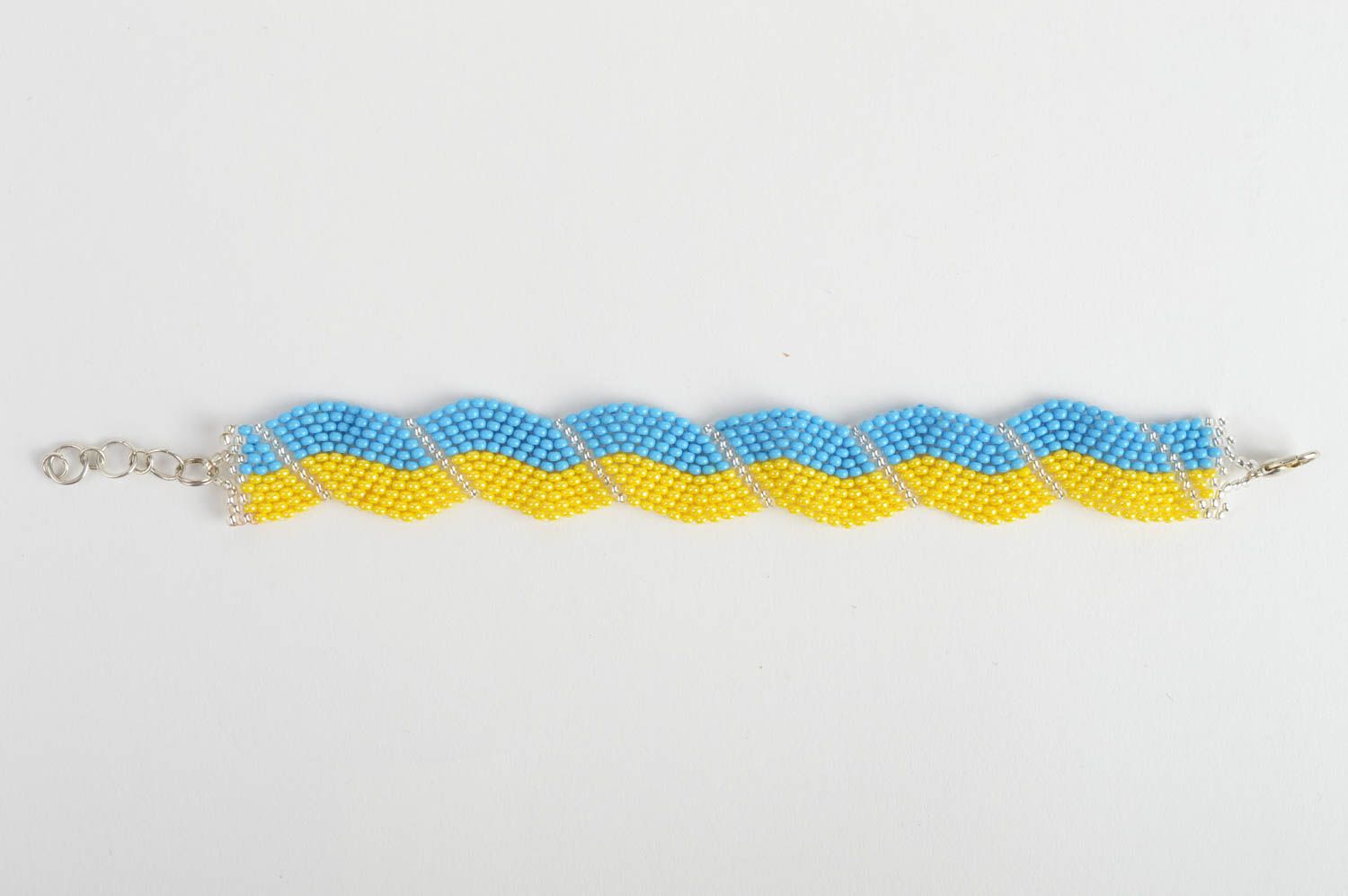 Handmade gelb blaues Armband aus Glasperlen künstlerisch breit schön für Damen foto 2