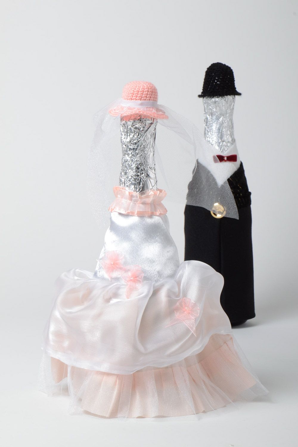 Flaschen Kleidung für Champagnerflaschen Brautpaar in Schwarz und Weiß Handarbeit foto 3