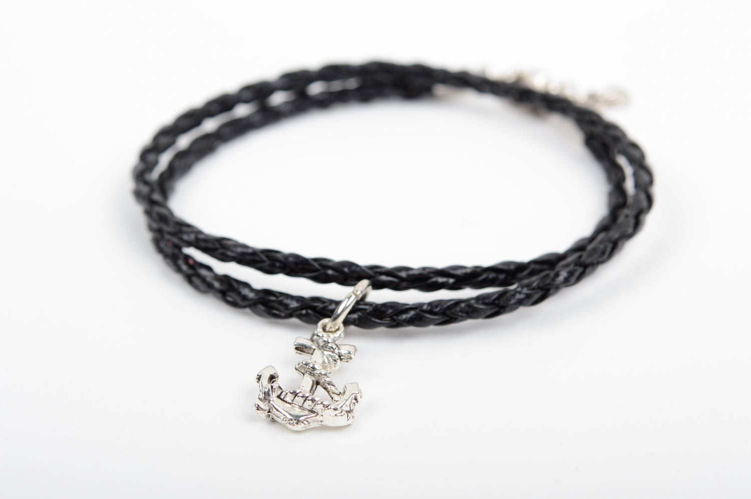 Simple woven black bracelet handmade wrist accessory unusual jewelry with charm photo 2
