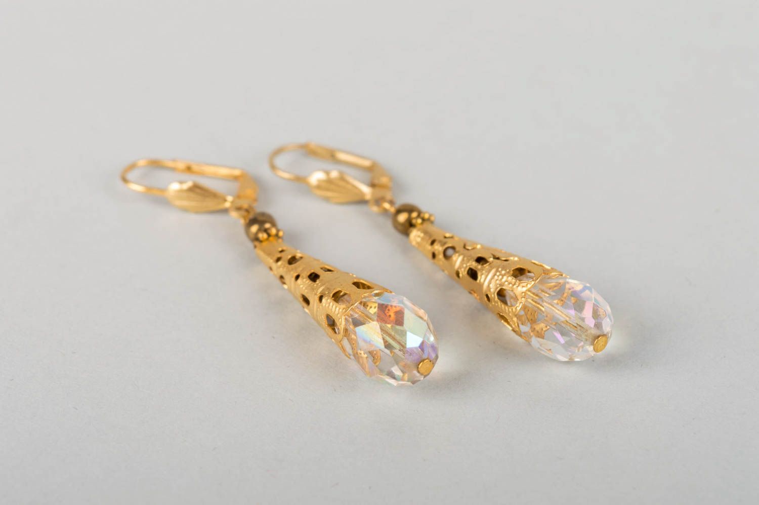 Handmade elegant long brass earrings with crystal beads designer women's jewelry photo 3