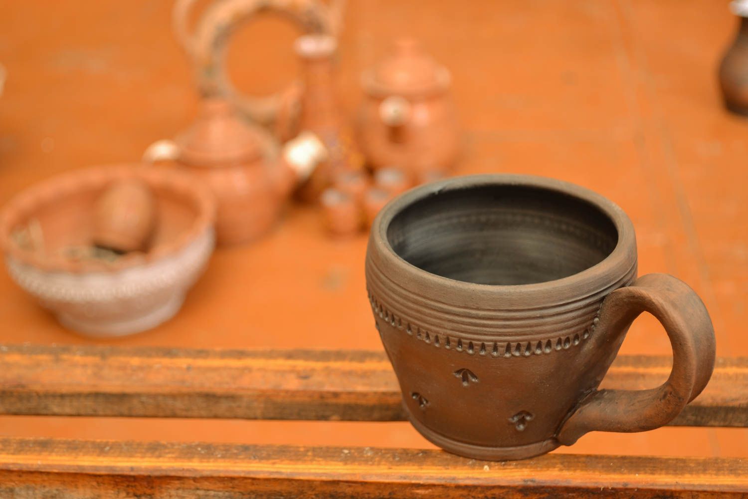 4 oz brown clay unpainted cup with rustic pattern and handle photo 5