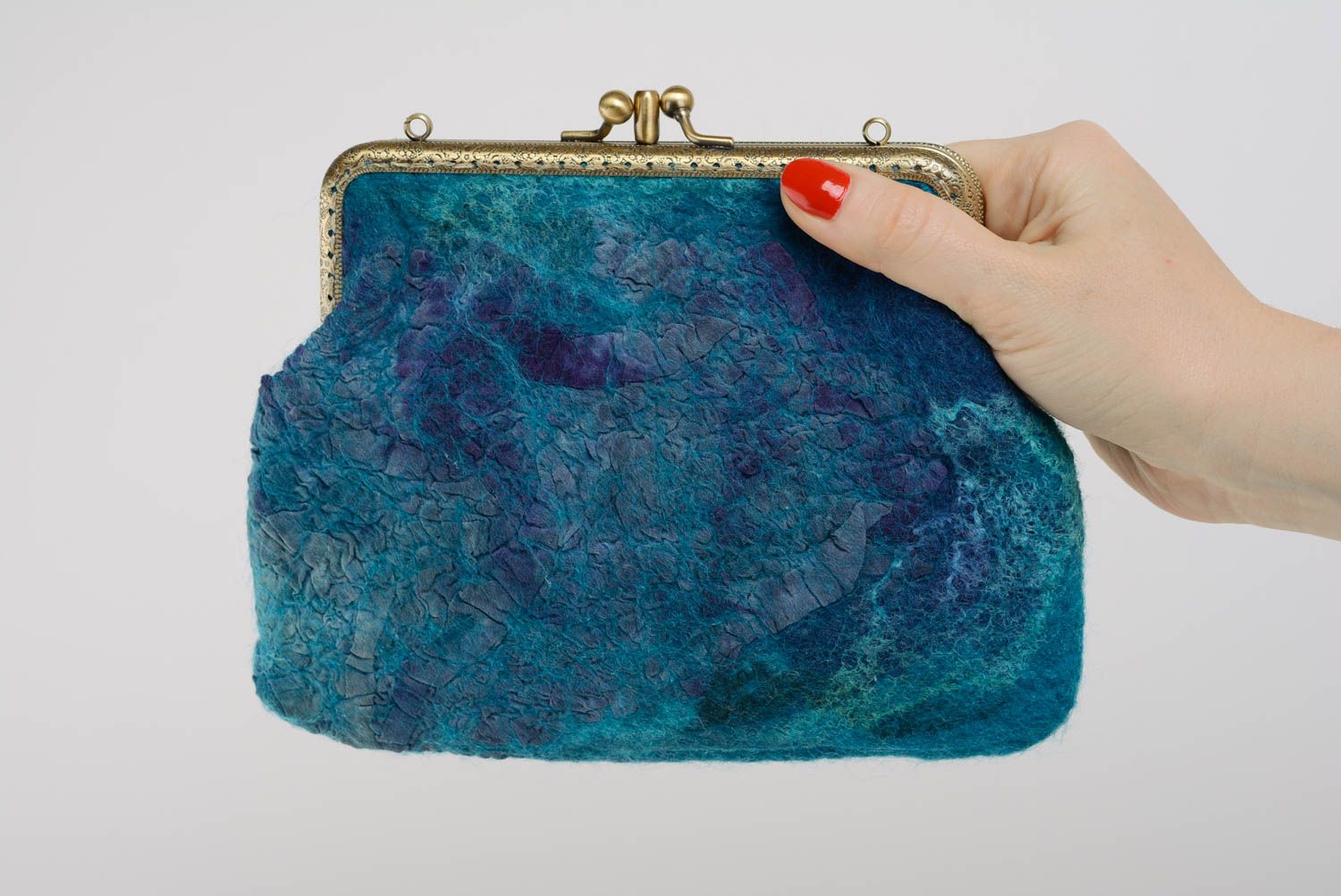 Blaue Geldbörse aus Wolle schön mit Taschenbügel Künstler Accessoire für Frauen foto 3