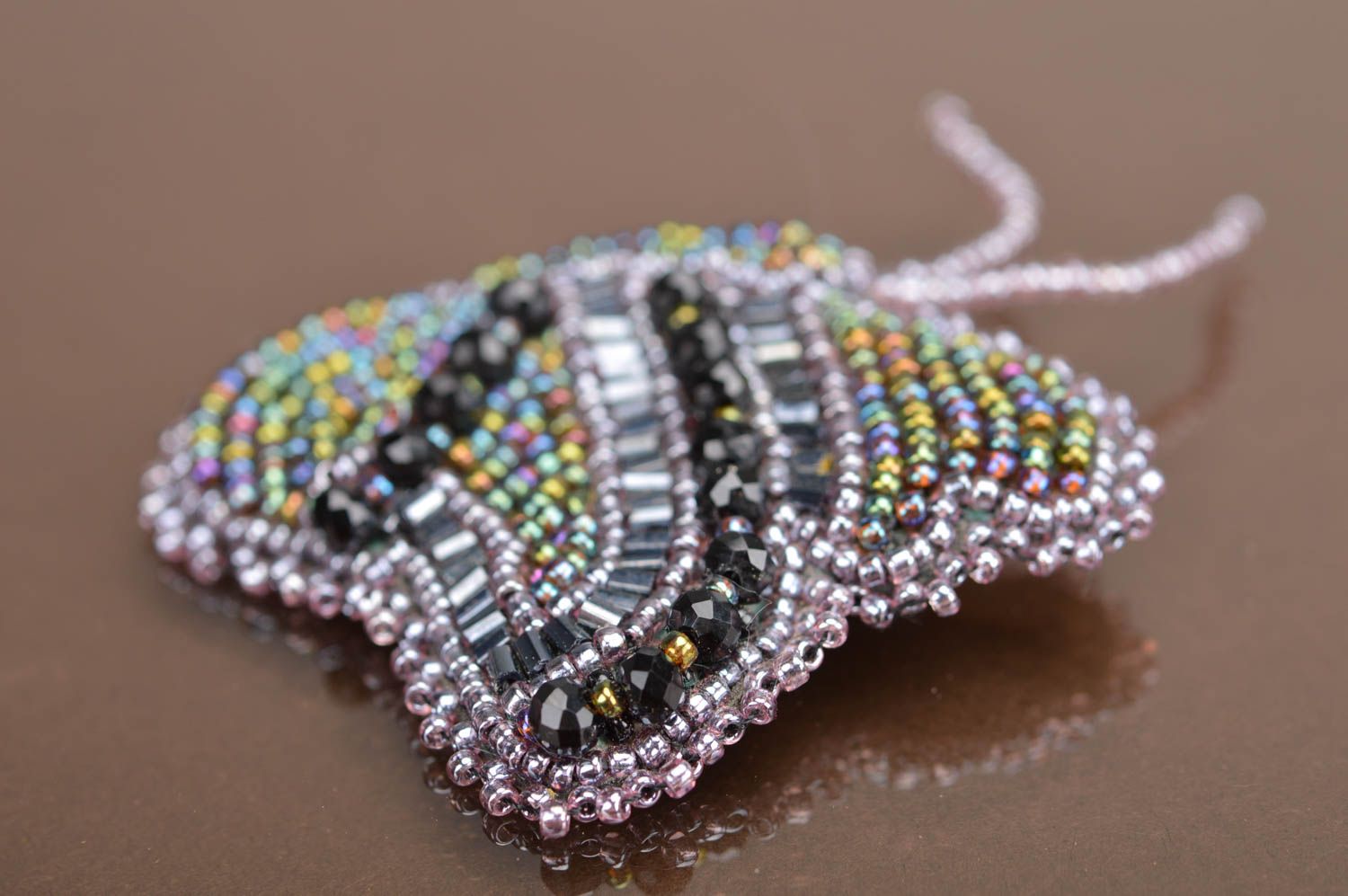 Handmade small dark beautiful brooch made of beads in shape of butterfly photo 3