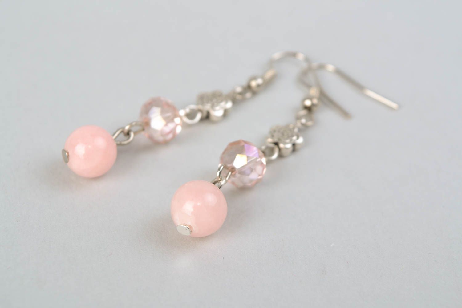 Metal earrings with pink quartz beads photo 3