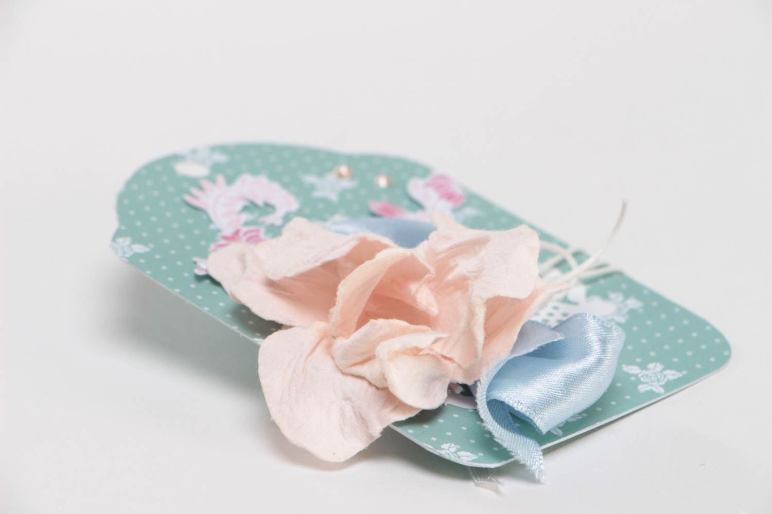 Beautiful handmade designer scrapbook gift tag green with ribbons photo 2