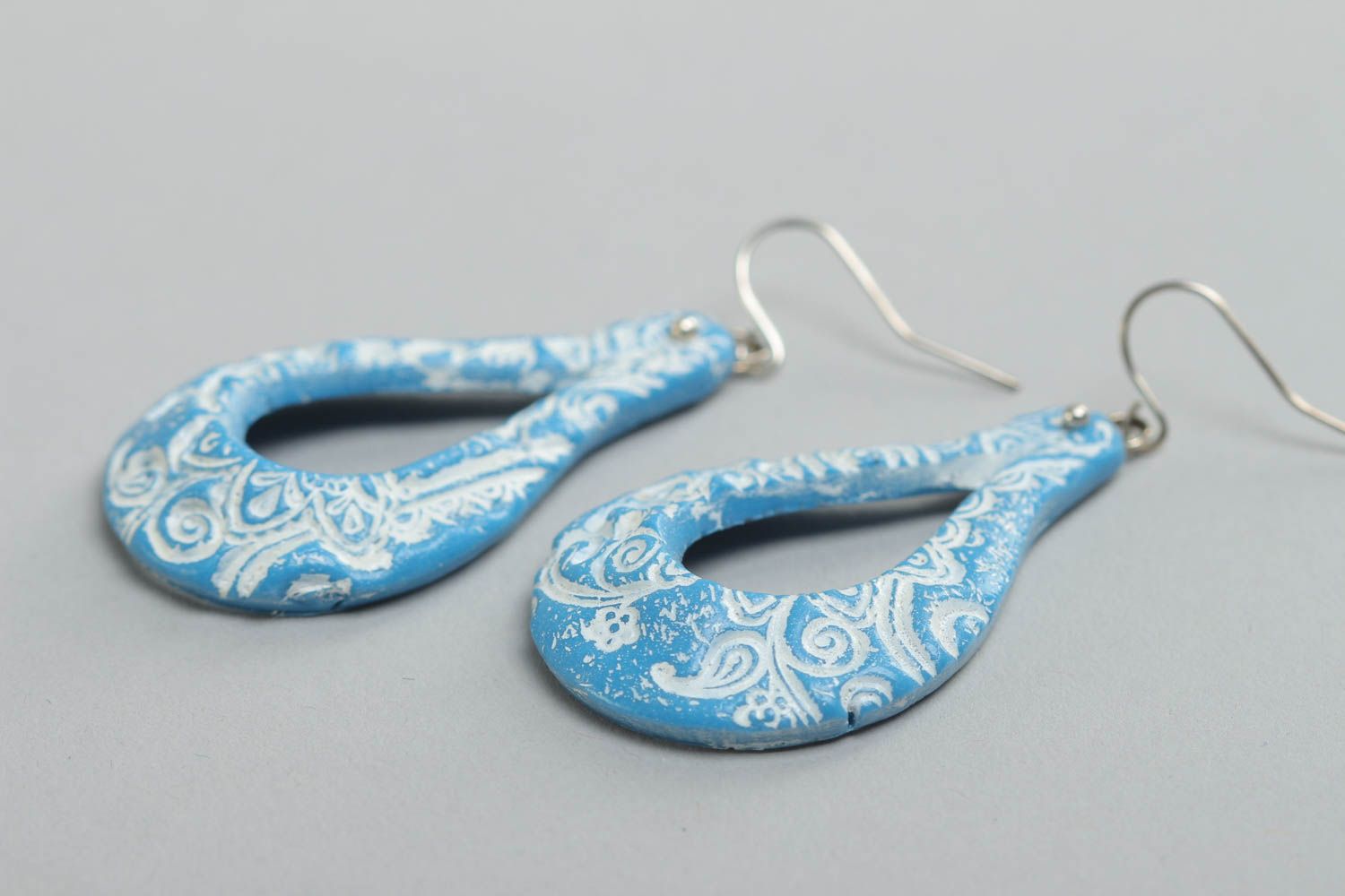 Beautiful blue and white handmade long polymer clay earrings photo 3