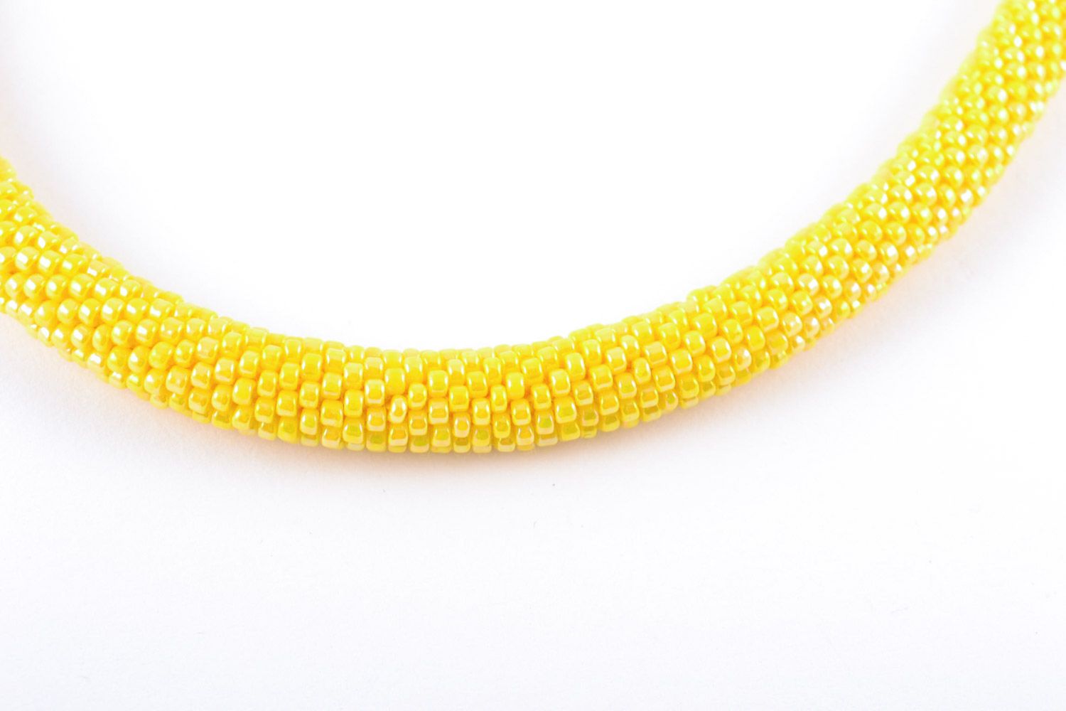 Bright yellow handmade women's cord necklace woven of Japanese beads  photo 3