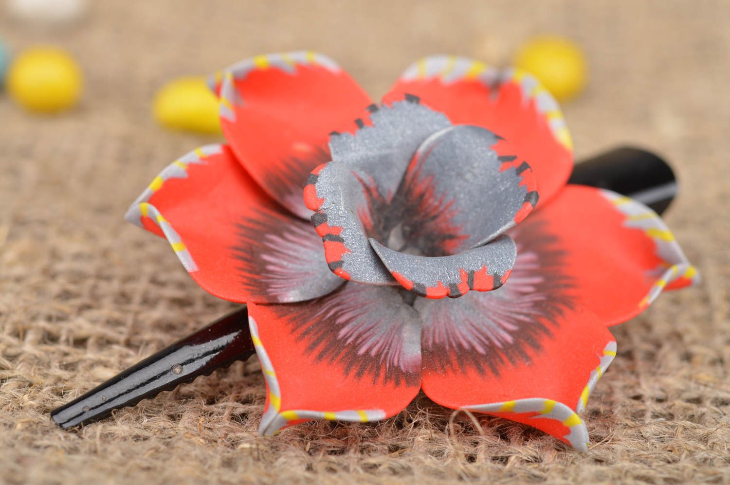 Handmade designer hair clip with metal basis and polymer clay flower narcissus photo 1