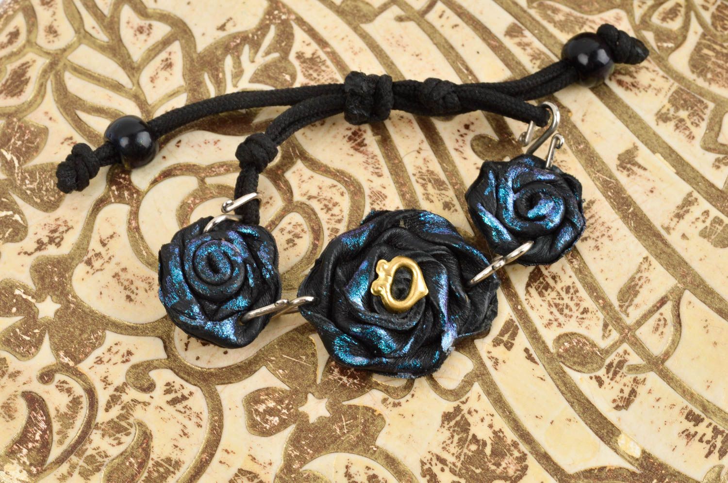 Браслет ручной работы дизайнерское украшение браслет из кожи черно синий фото 1