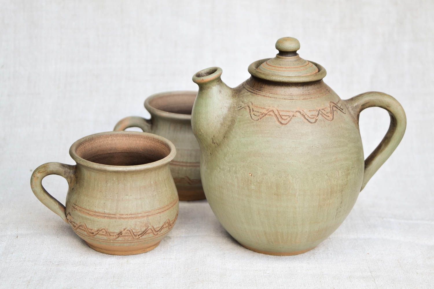 Unusual handmade ceramic teapot 2 clay cups tea cup design kitchen supplies photo 5