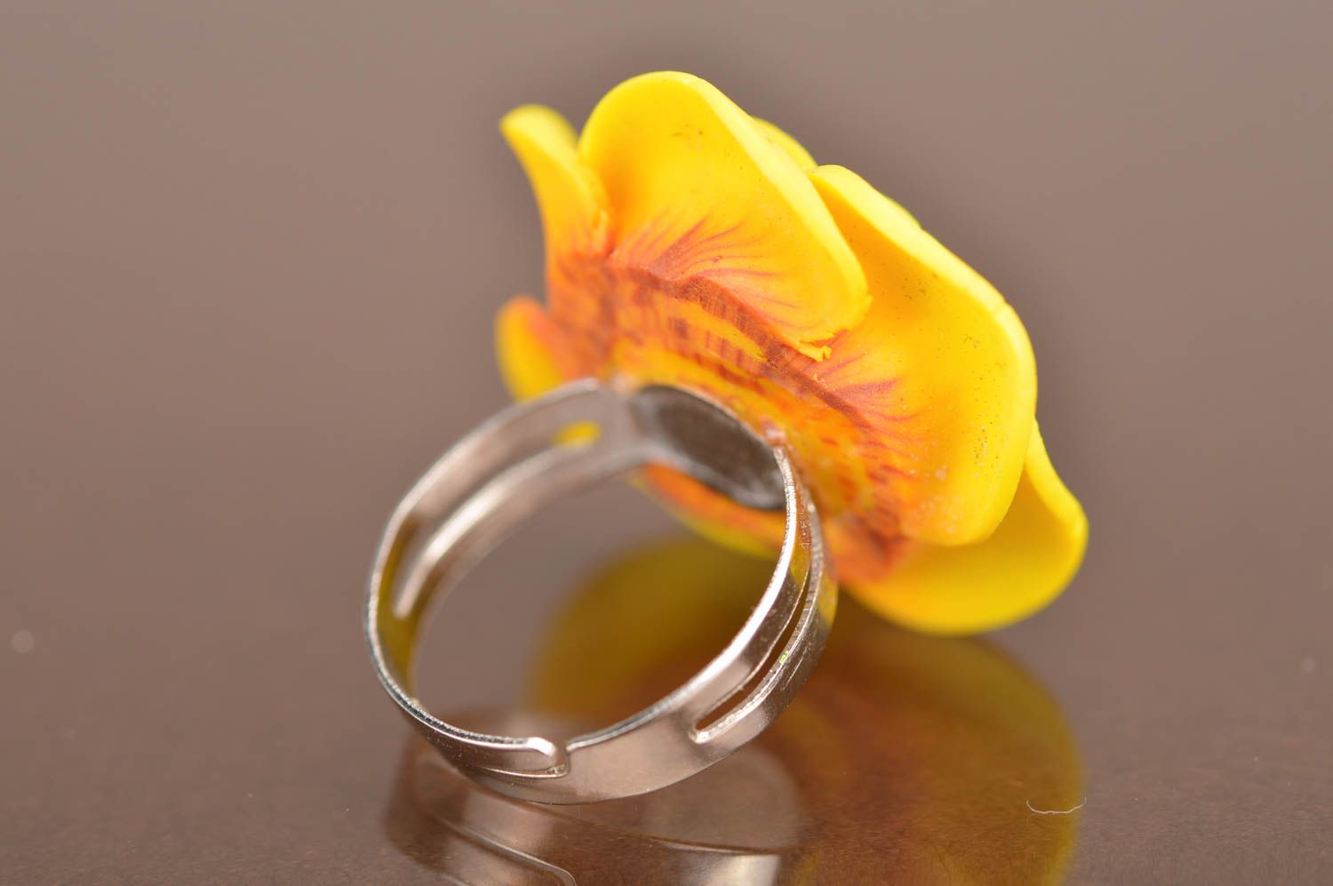 Handmade designer ring made of polymer clay in shape of volume yellow rose photo 3