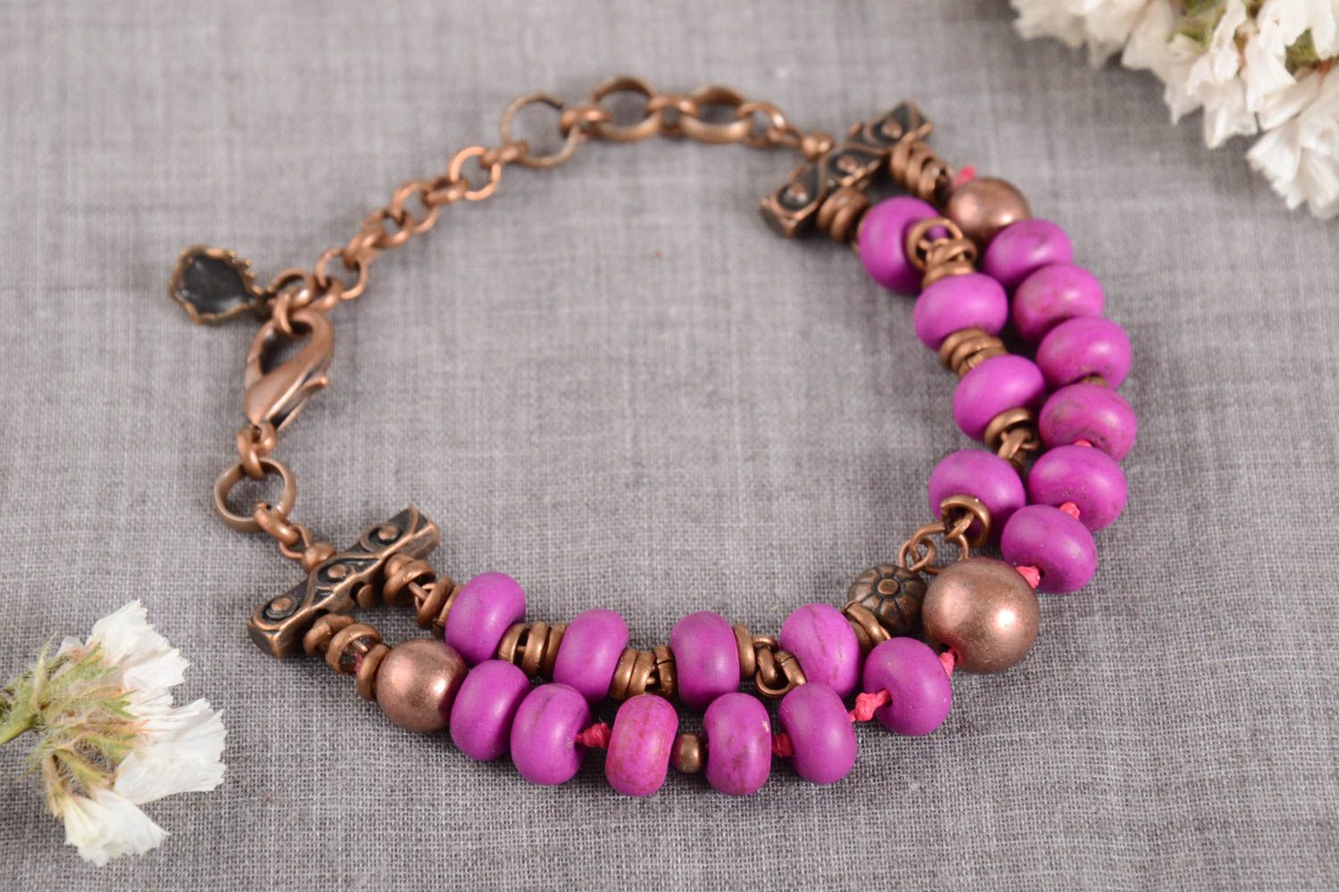 Festive handmade pink beads bracelet gemstone bracelet in two layers for women photo 2