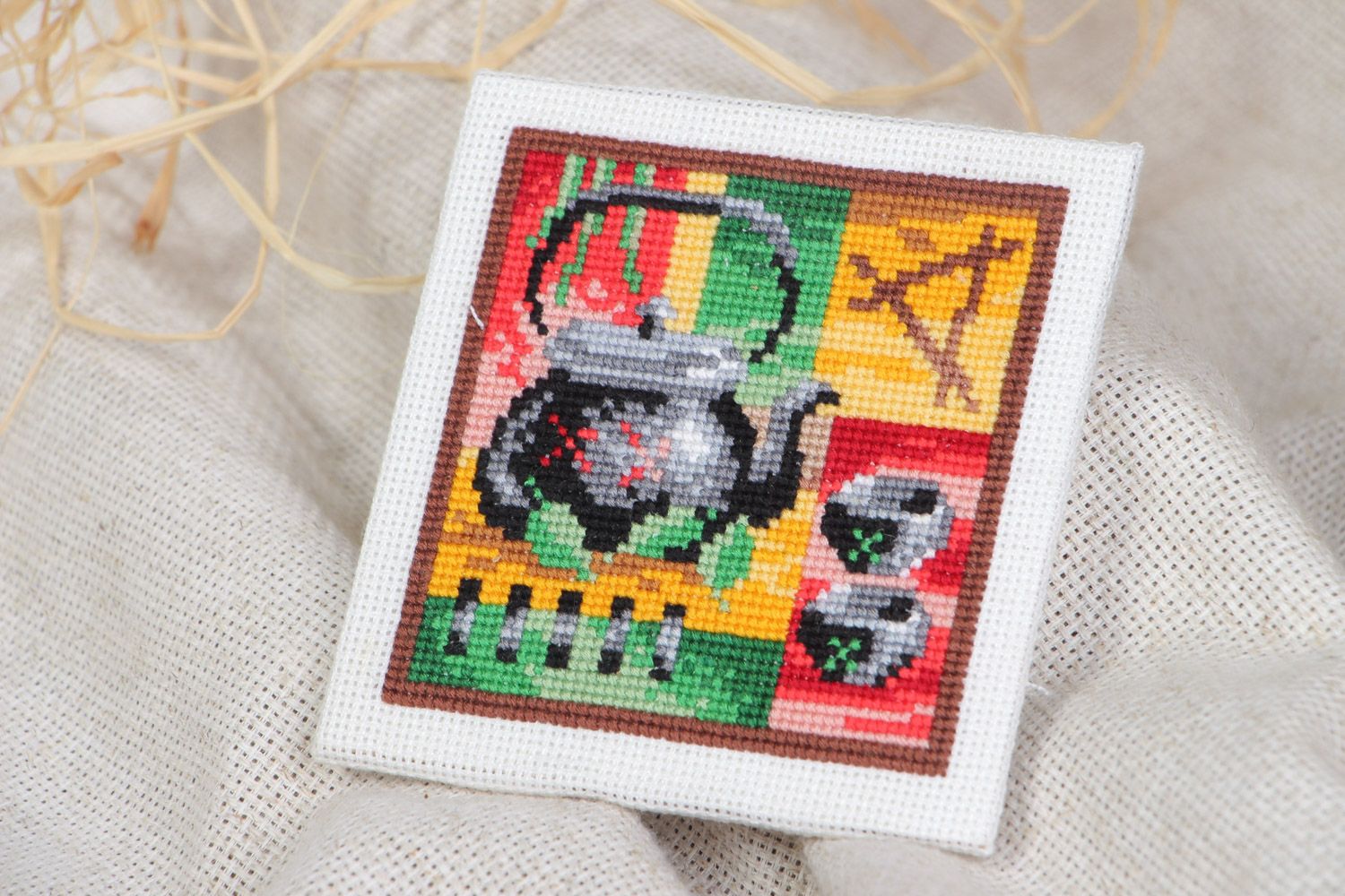 Handmade small square abstract colorful picture with cross stitch embroidery  photo 1