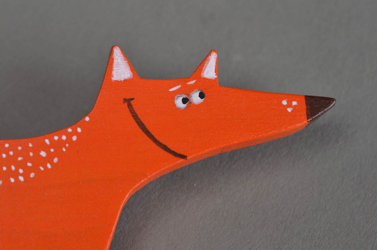 Bright funny stylish handmade designer wooden brooch in the shape of orange fox photo 2