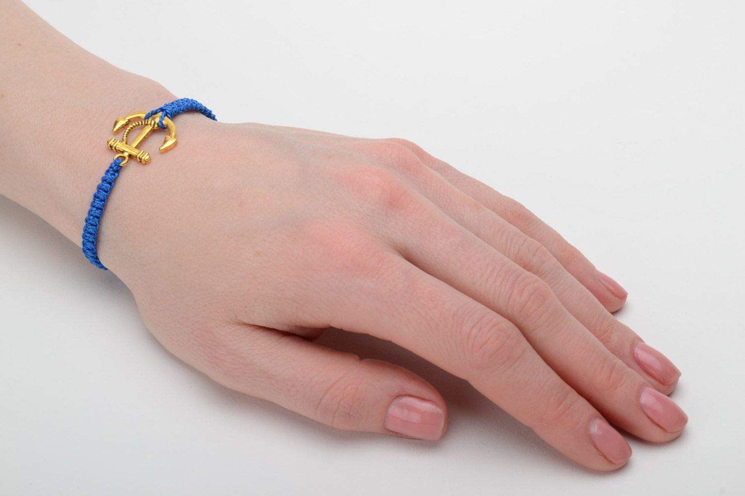 Handmade blue macrame woven cord bracelet with anchor charm photo 2
