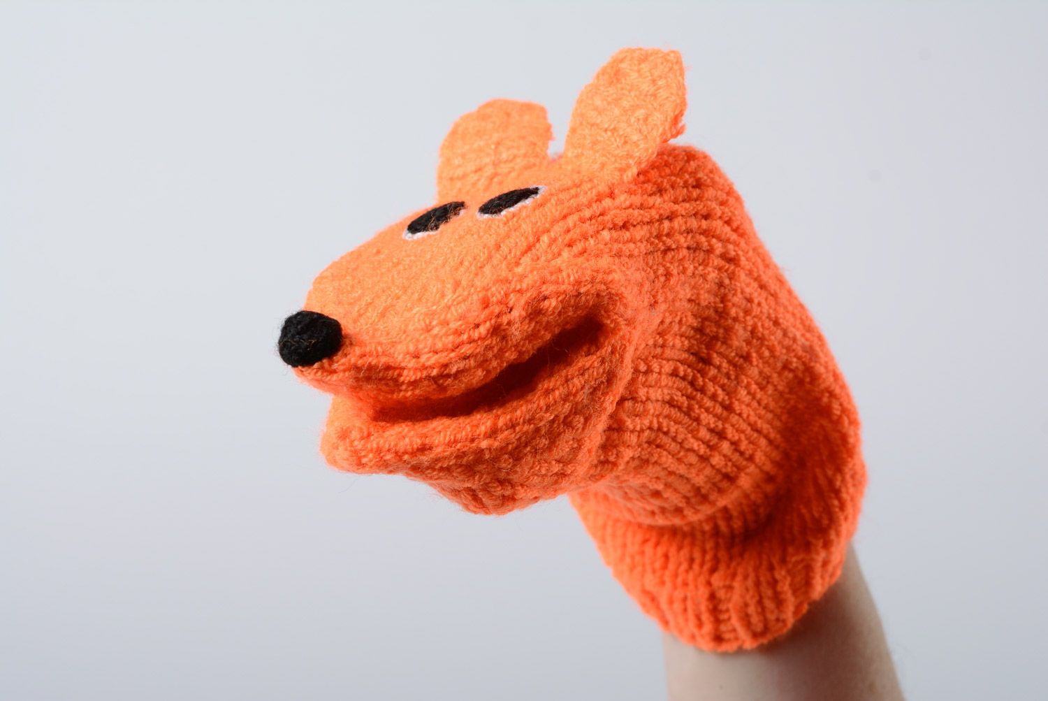 Handmade cute hand puppet knitted of wool orange fox for puppet theater photo 2