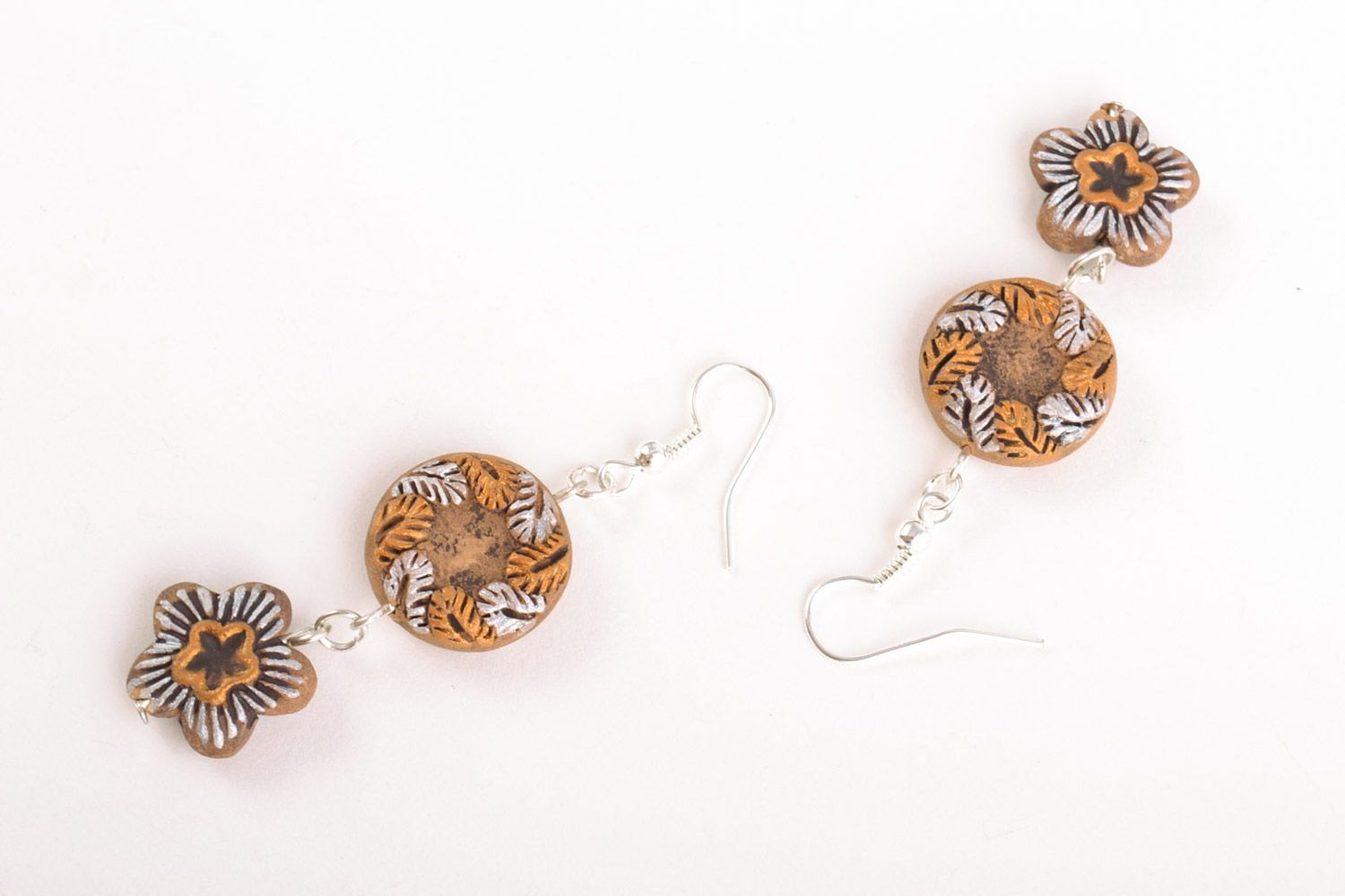 Cute handmade long dangling earrings molded of clay in boho style photo 5