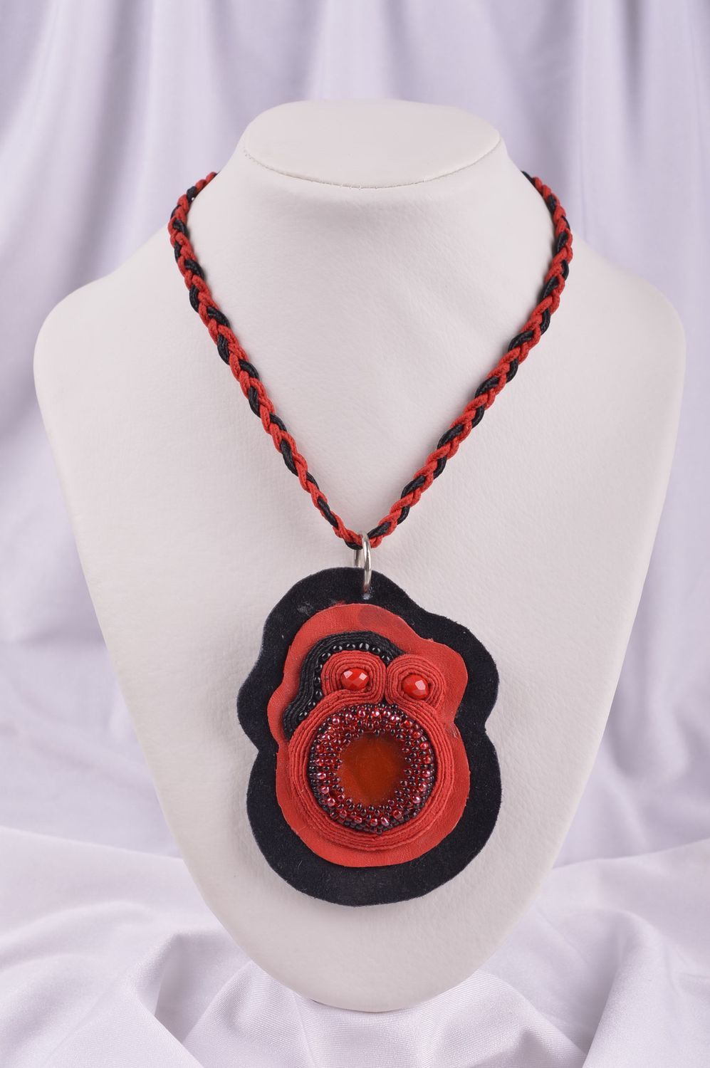 Unusual handmade textile necklace stylish beaded pendant costume jewelry photo 1