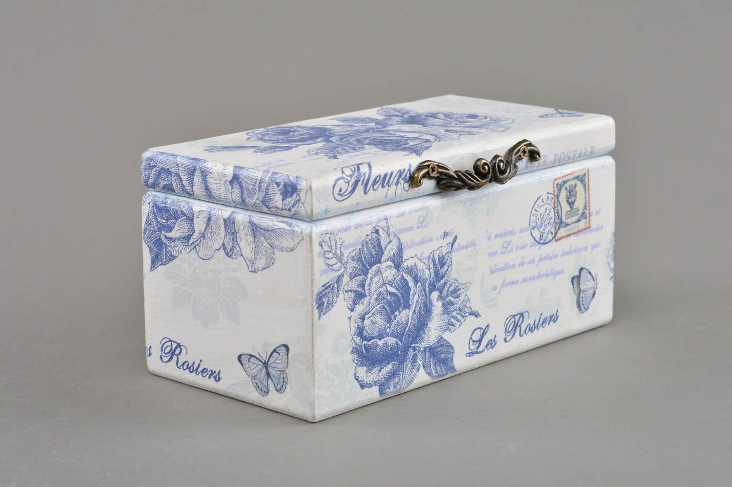 Handmade tall rectangular decorative decoupage wooden jewelry box white and blue photo 1