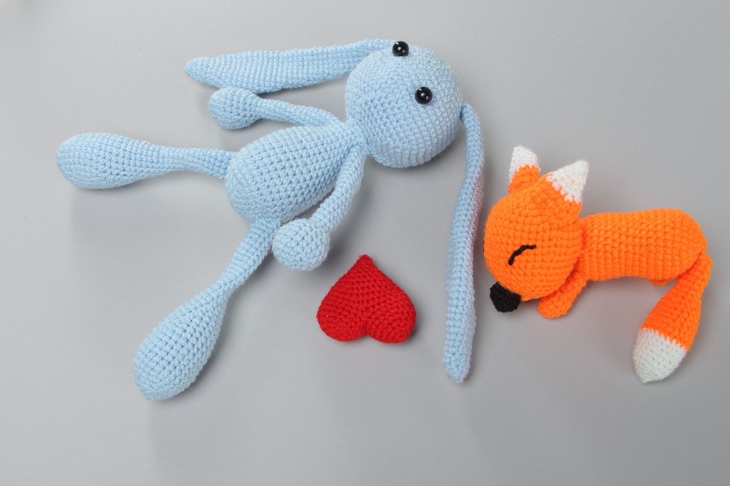Set of handmade crochet soft toys 2 pieces little hare and fox for children photo 3