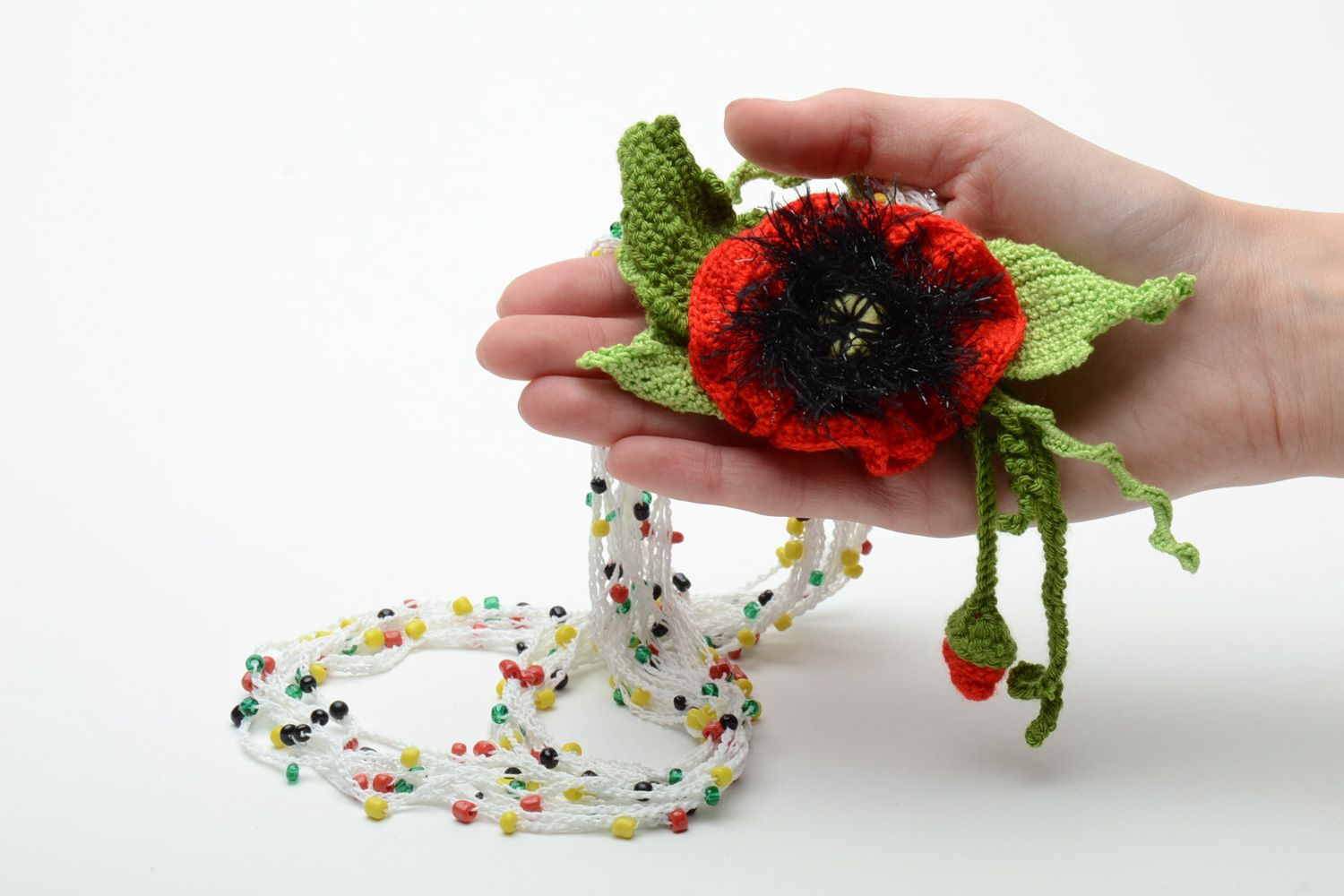 Acrylic and cotton hand crochet necklace with poppy flower photo 5