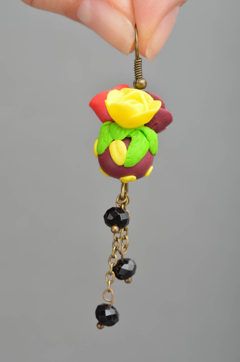 Blumen Ohrringe aus Polymerton mit Rosen grell knstlerisch handgeschaffen schön foto 3