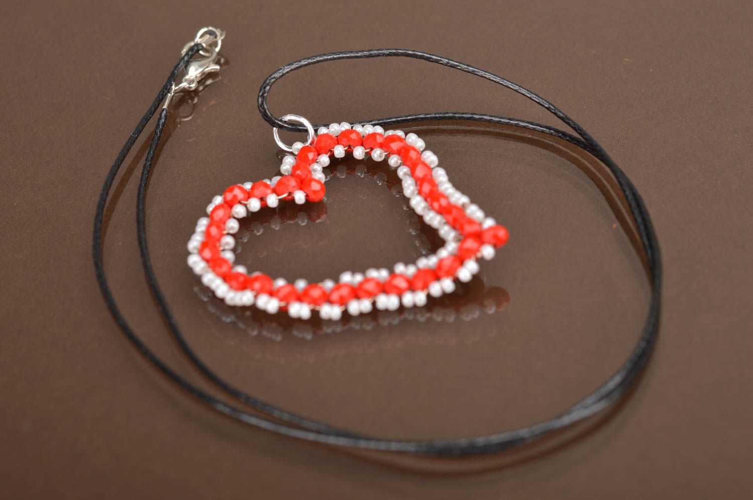 Handmade designer red heart shaped pendant with Czech crystal beads on cord photo 2