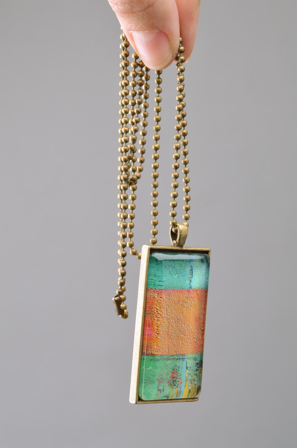 Handmade designer rectangular pendant on chain in blue and coral colors Picasso photo 3