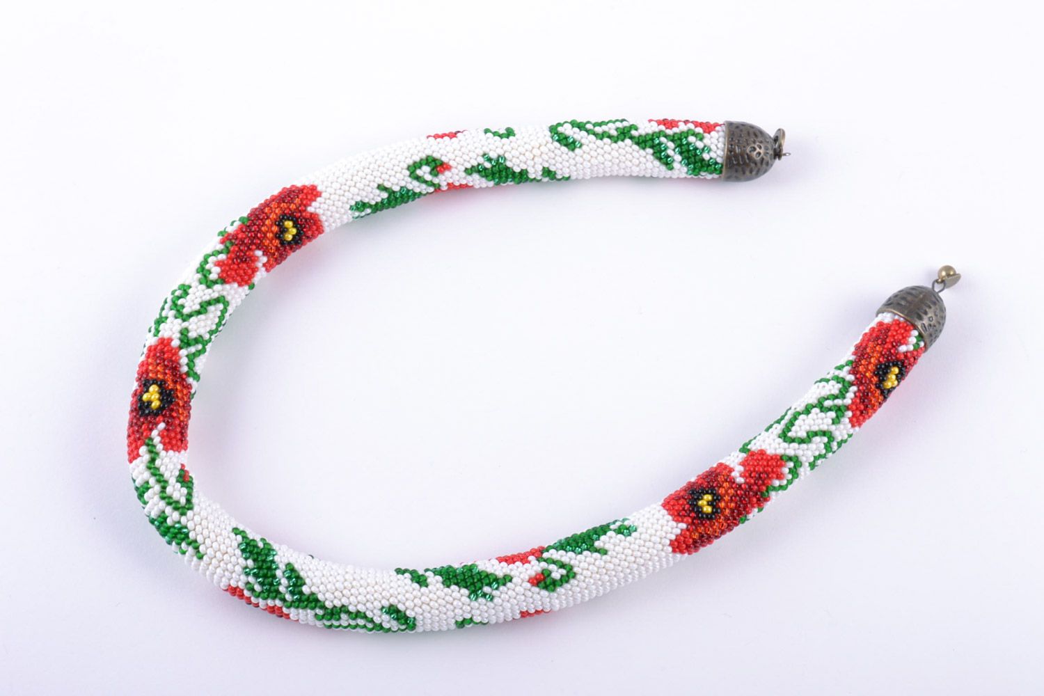 Beautiful handmade Czech bead cord necklace of red color with flowers photo 4