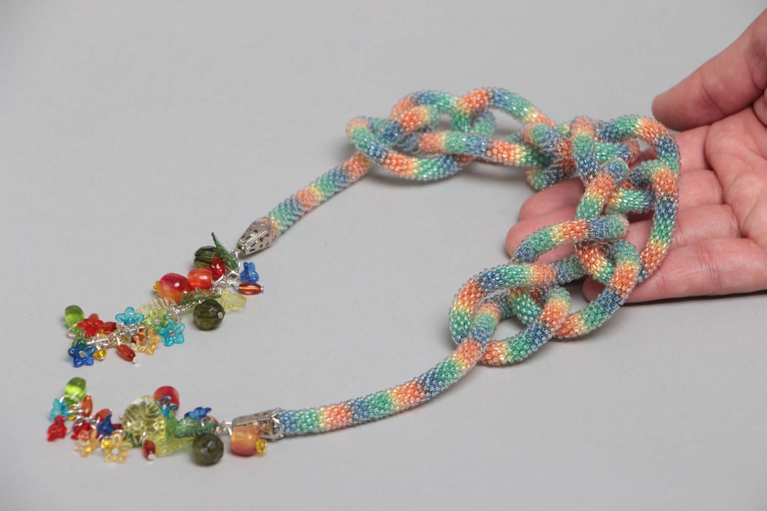 Handmade designer bead woven cord necklace with tender rainbow coloring   photo 5
