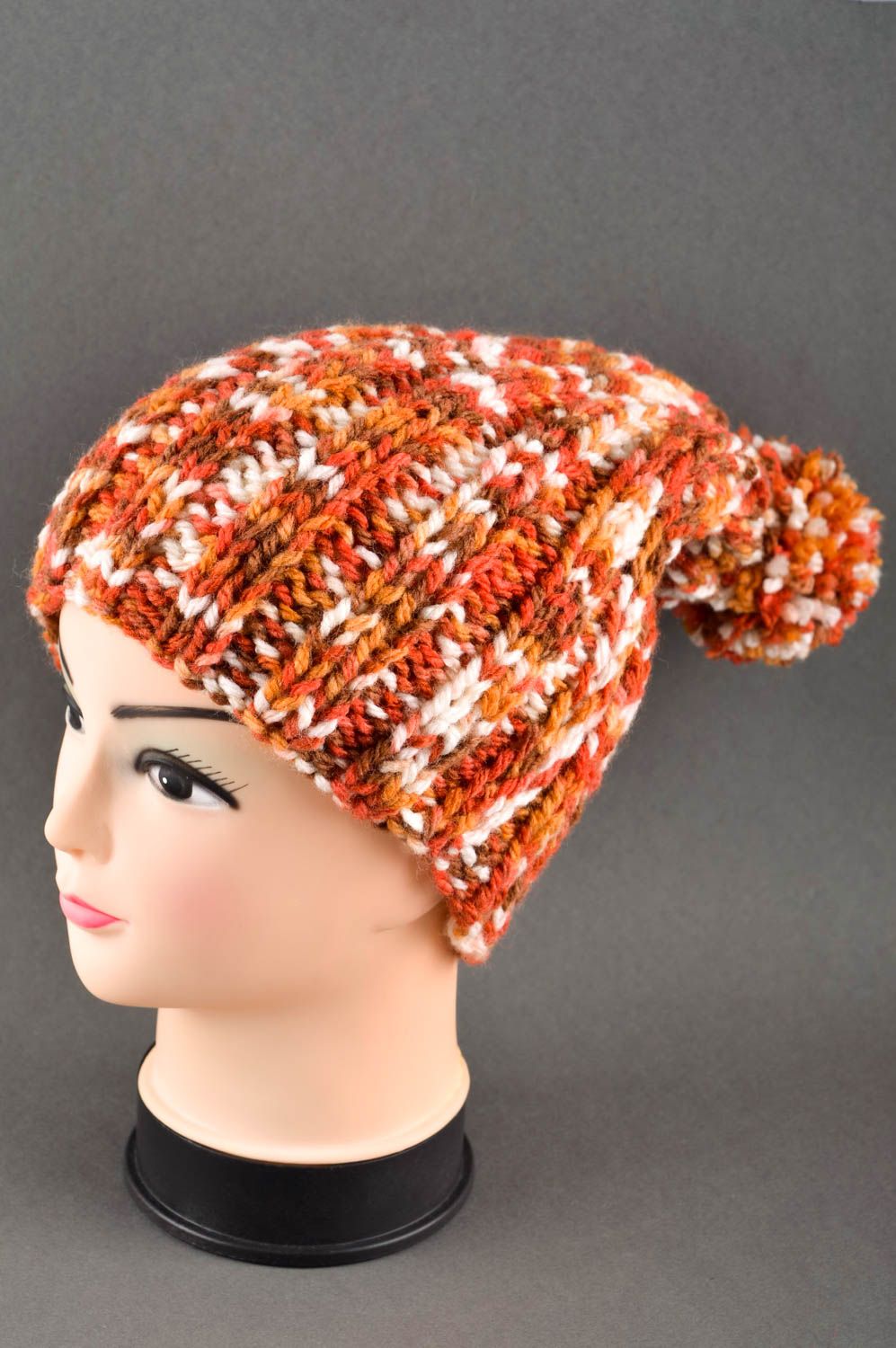 Handmade beautiful warm cap bright knitted winter hat unusual headwear photo 1