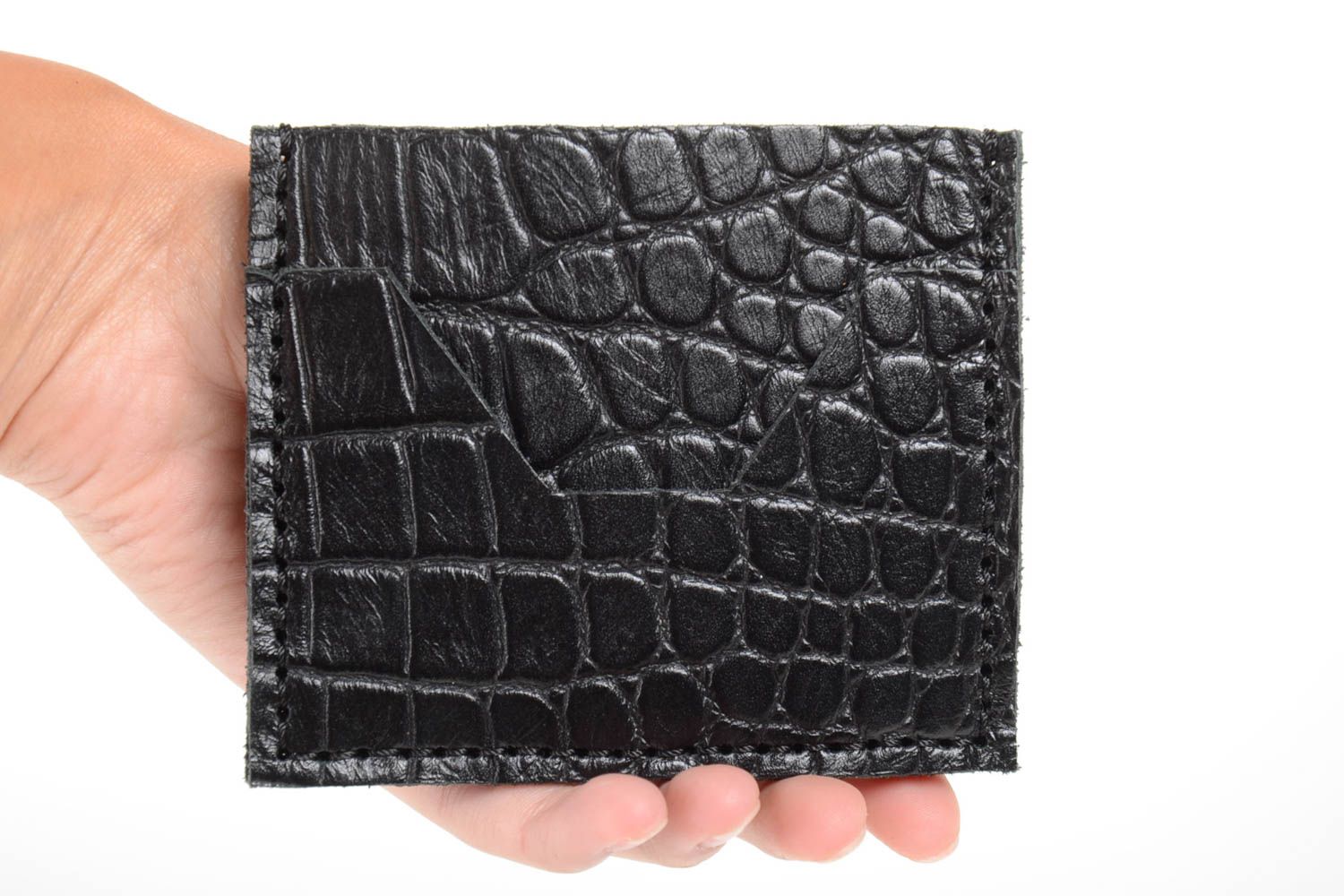 Маленький элегантный кошелек из натуральной кожи ручной работы черного цвета фото 3