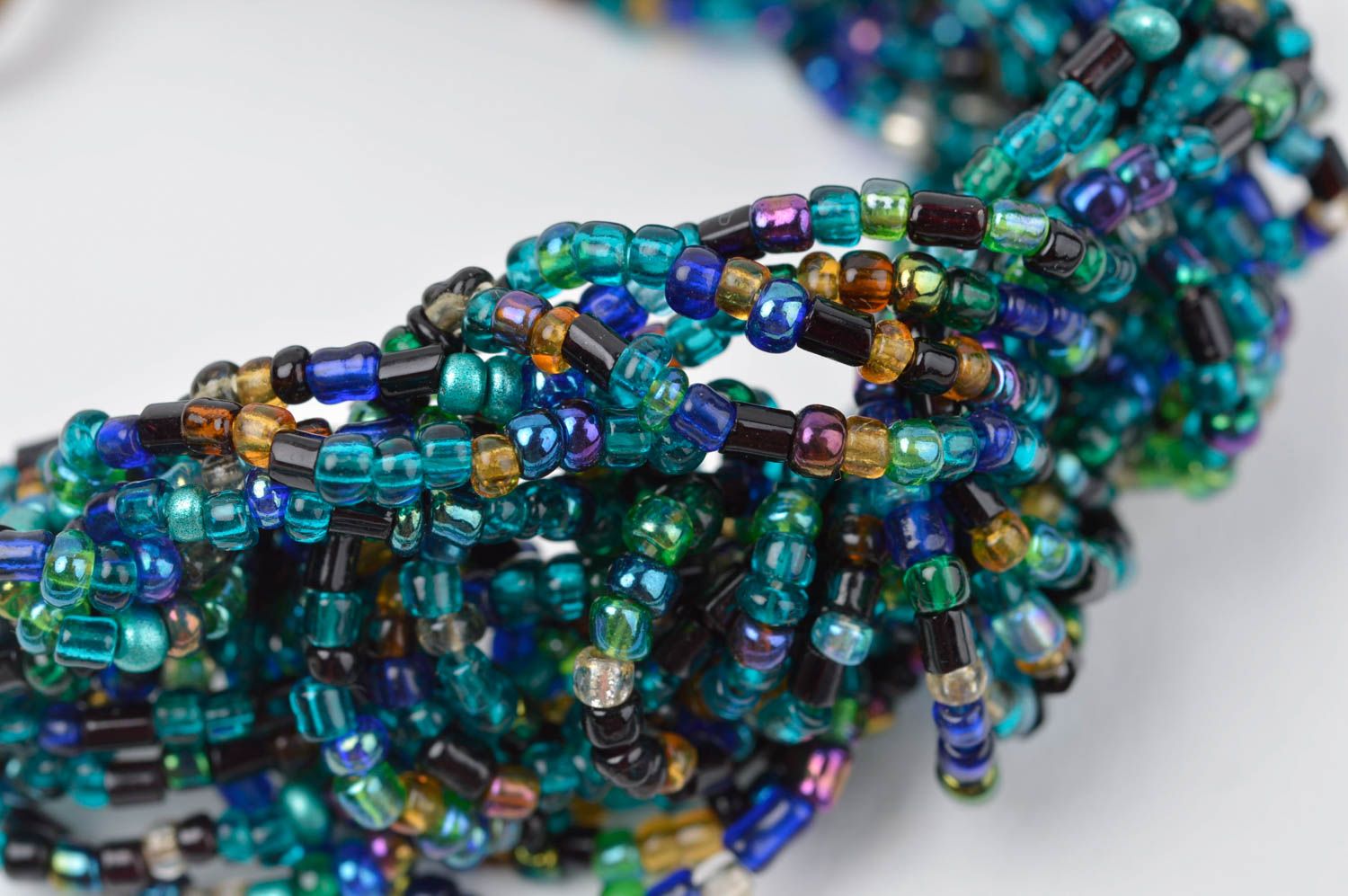 Set of handmade jewelry - beaded multi-layer necklace and bracelet in blue and purple color photo 5