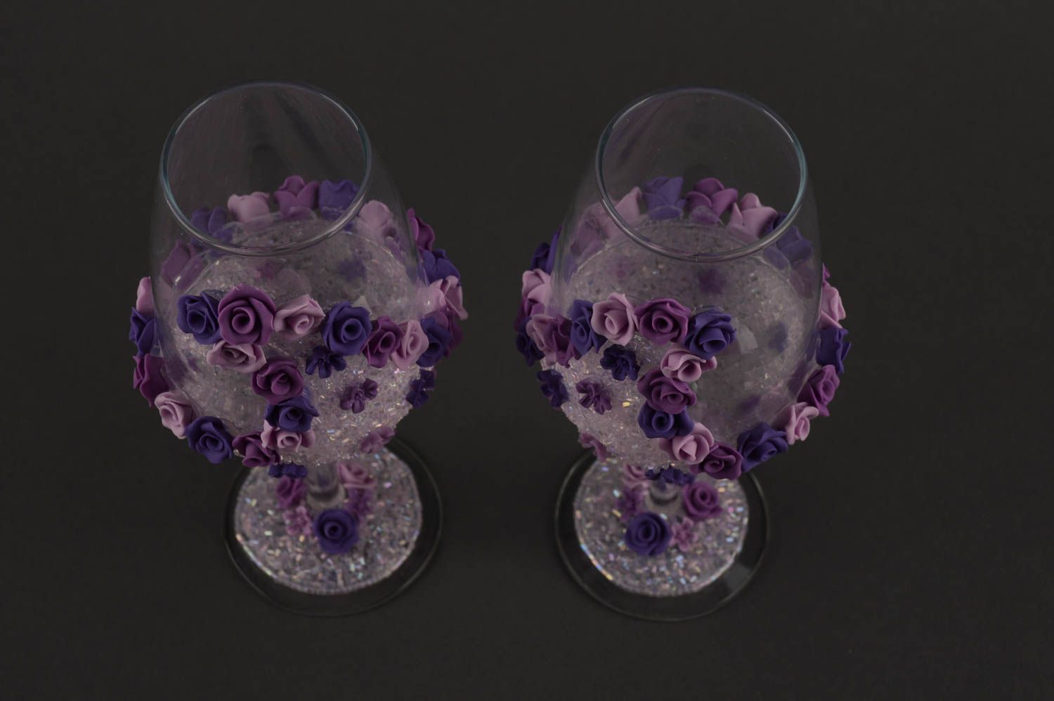 Verres à pied fait main Vaisselle en verre violets avec fleurs Idée cadeau 2 pcs photo 9