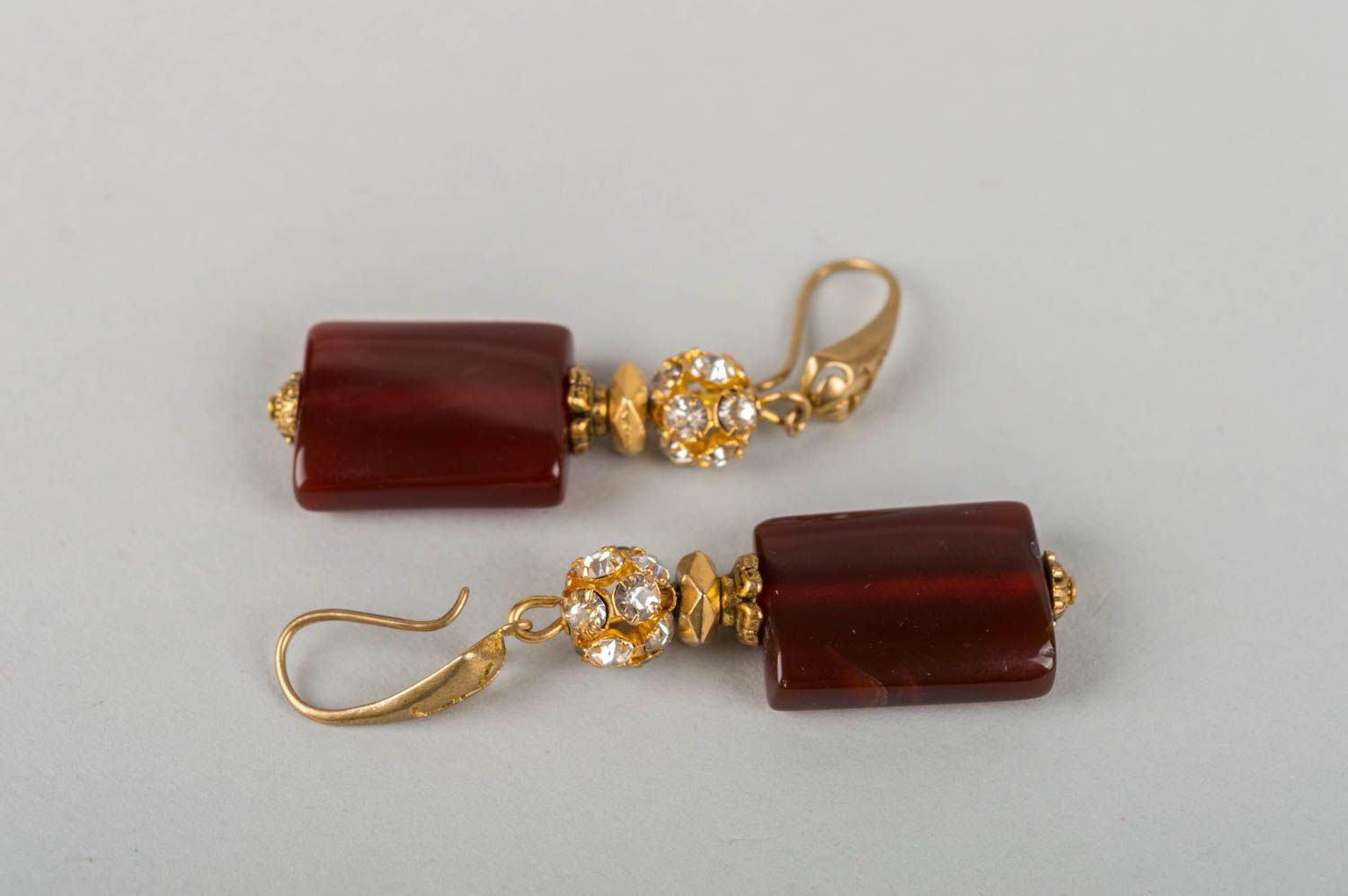 Beautiful handmade designer dark red earrings with natural agate stones photo 5