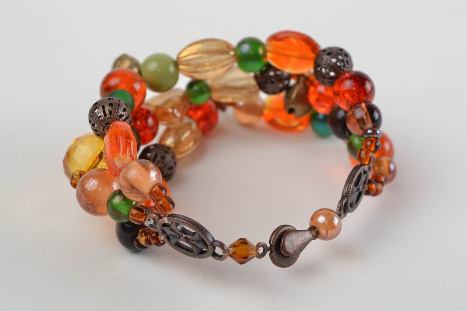 Handmade colorful multi row wrist bracelet with glass and wooden beads photo 4