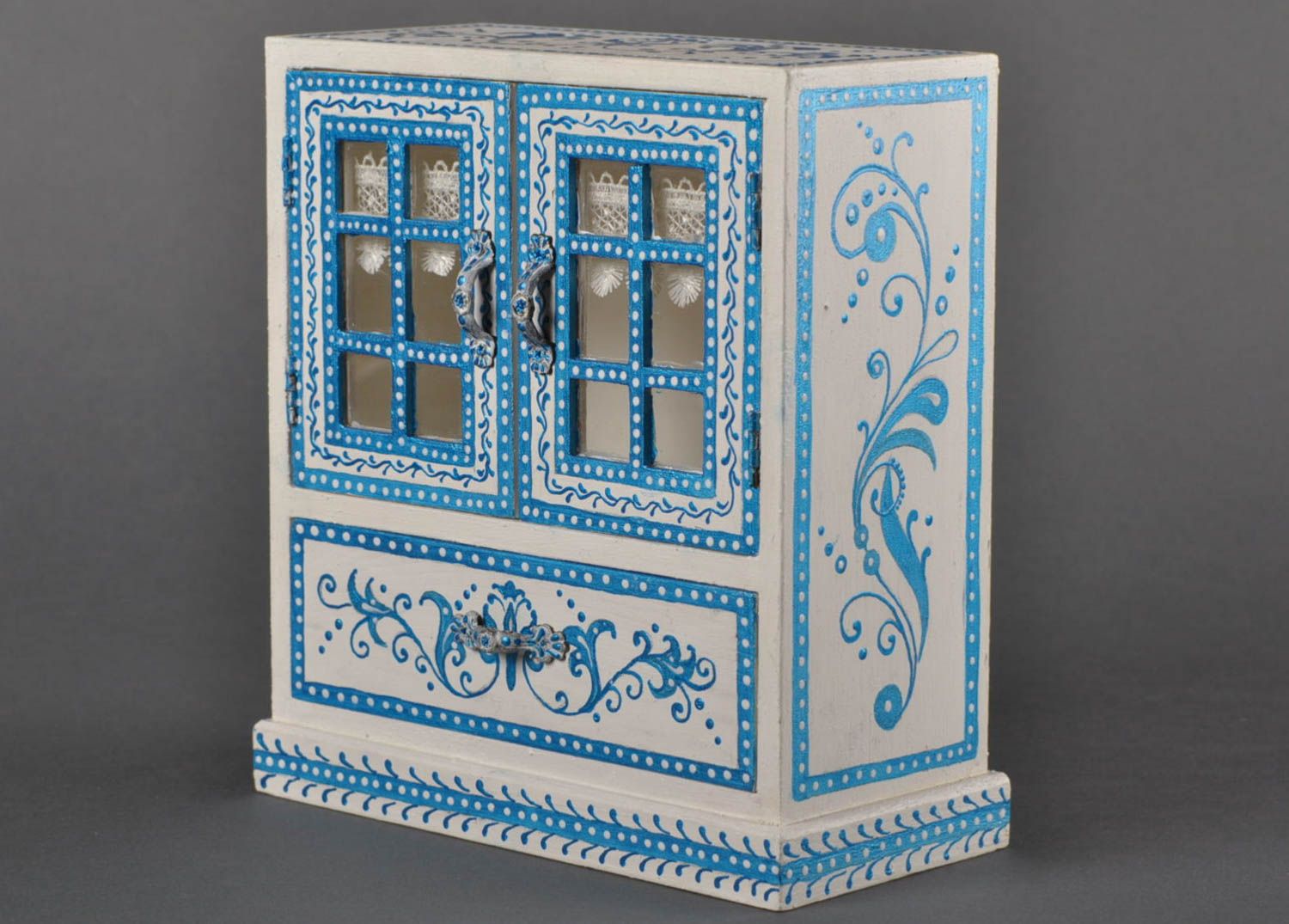 Commode miniature fait main Coffret à bijoux en bois bleu blanc Cadeau femme photo 2