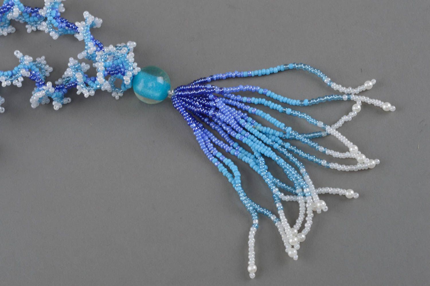 Handmade necklace beaded evening accessory white-blue jewelry foe women photo 4