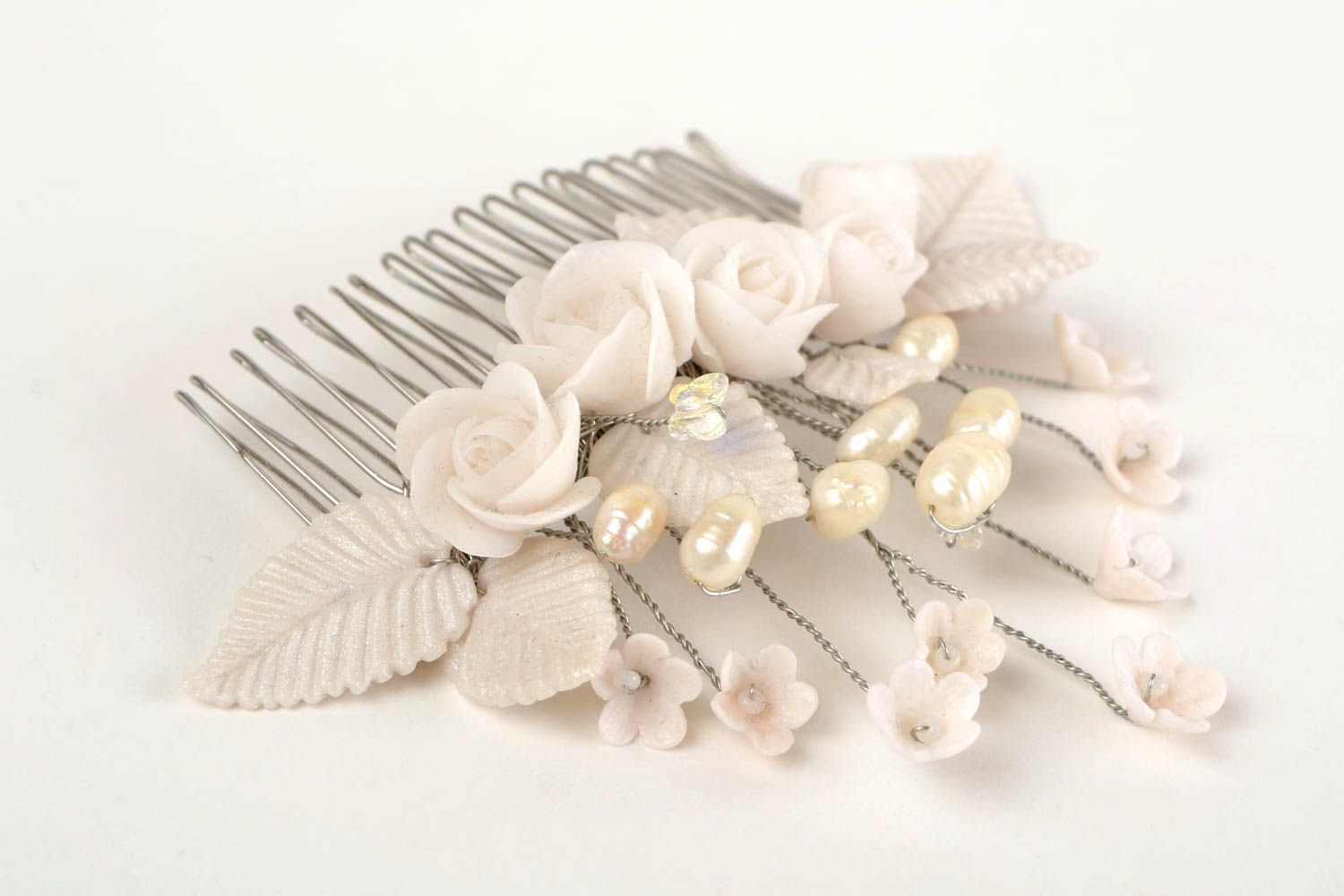 Handmade jewelry set flower hair comb dangling earrings wedding accessories photo 3