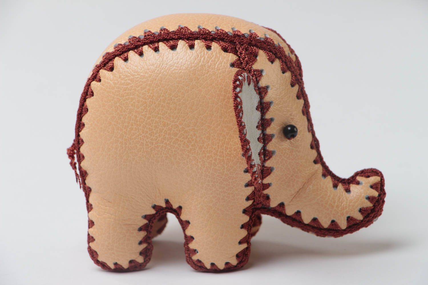 Unusual small handmade beige leather soft toy Elephant for kids and decor photo 2
