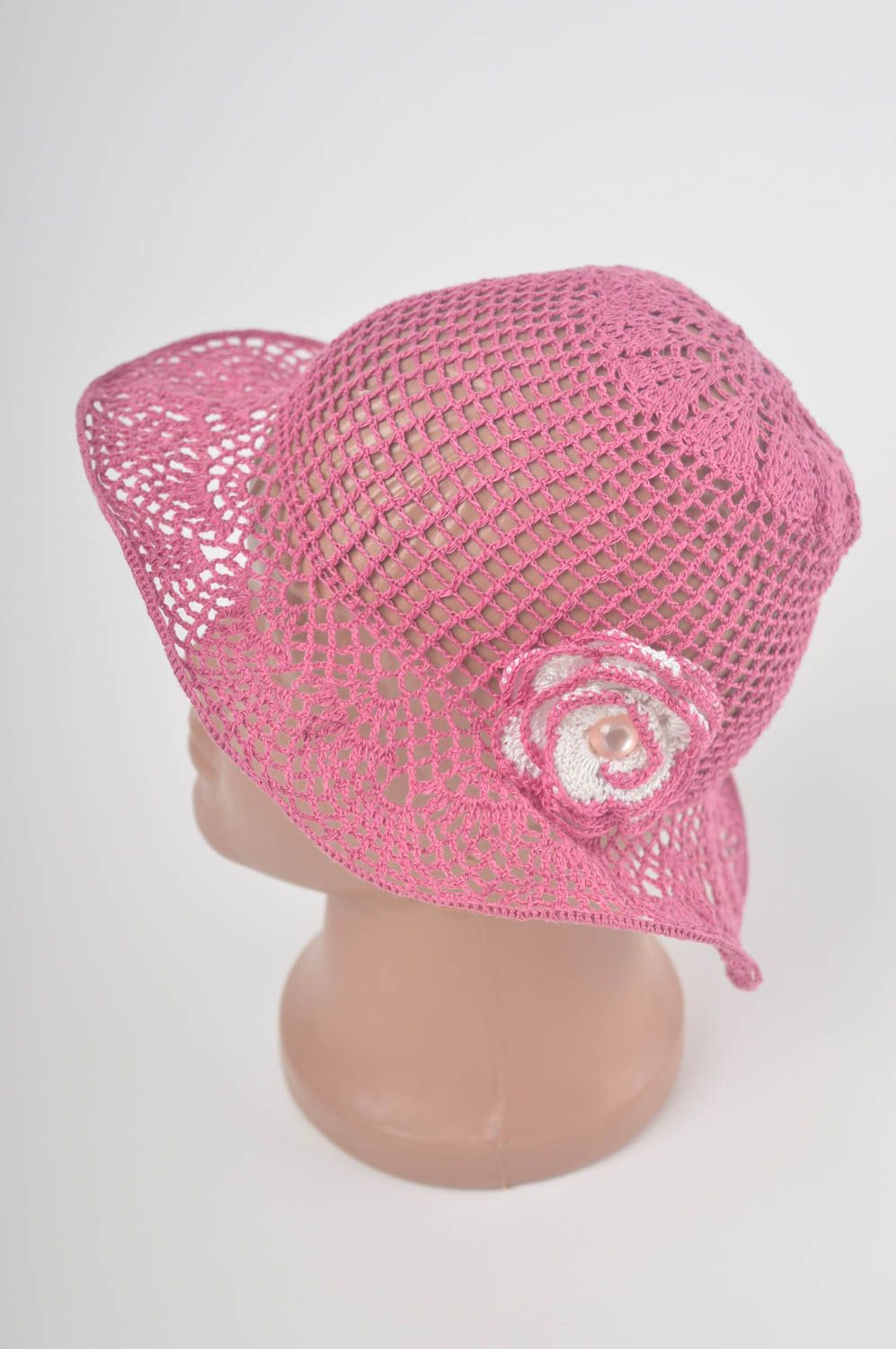 Детская шляпа ручной работы головной убор вязаная шляпа розовая для девочки фото 3