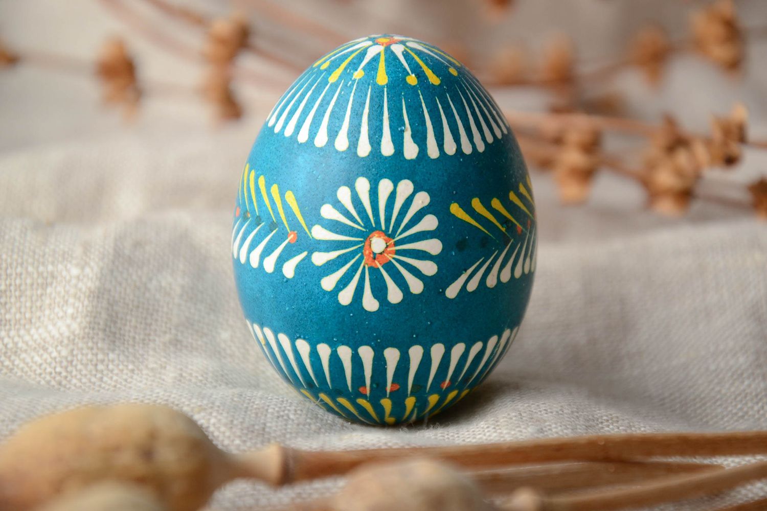 Painted egg in Lemkiv style of blue color photo 1