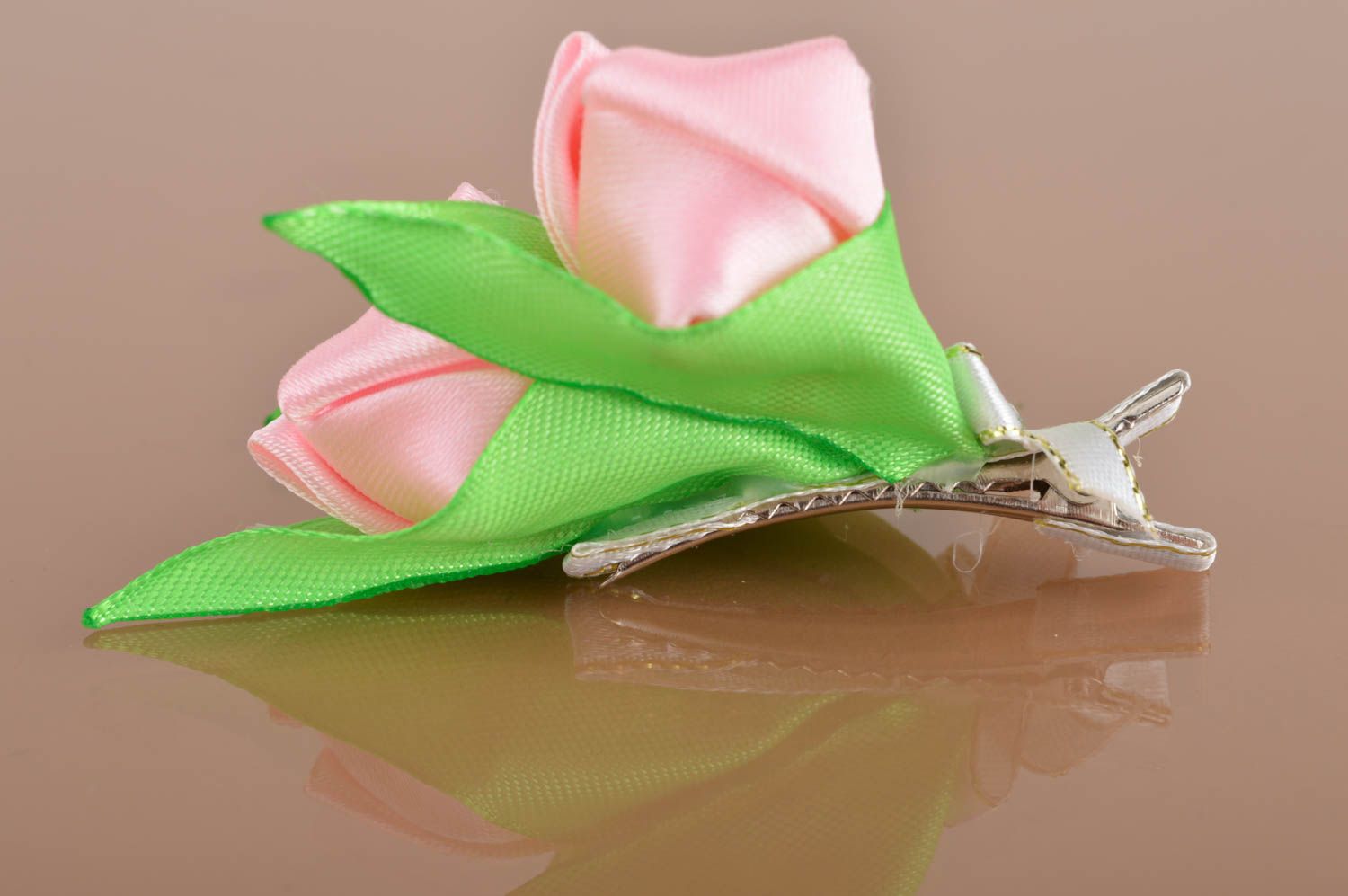 Handmade designer decorative hair clip with three pink satin kanzashi flowers  photo 3